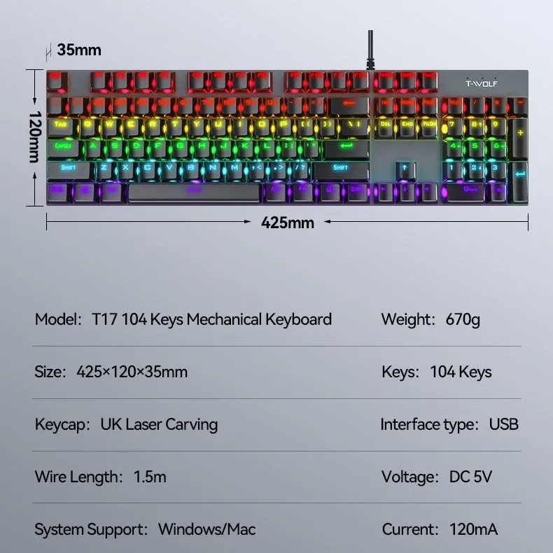 Anti-ghosting Spill Resistant Wired 104 Keys Gaming Keyboard with RGB Backlit for Windows / Mac