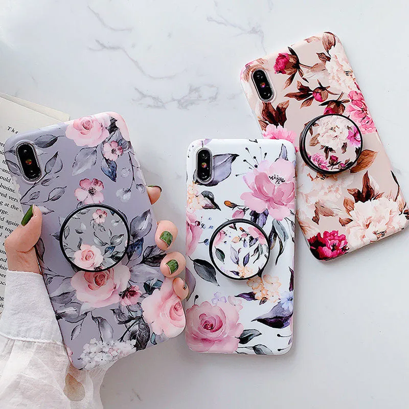 Anymob iPhone White Rose Ring Stand Case Back Cover Silicone Phone Cases