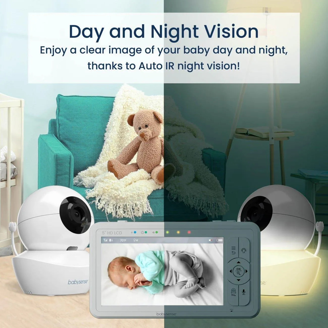 Babysense HDS2 - Video Baby Monitor with 2 HD Cameras, Split Screen, Nightlight & White Noise