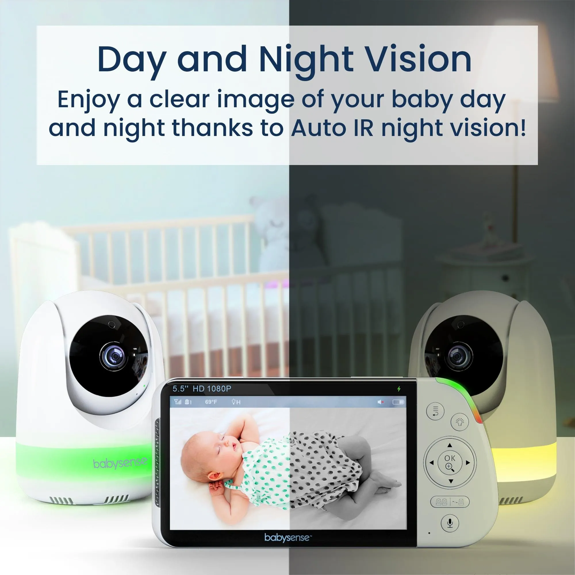 Babysense Maxview Baby Monitor 5.5 Inch 1080p Full HD, White Noise, Split-Screen Cameras