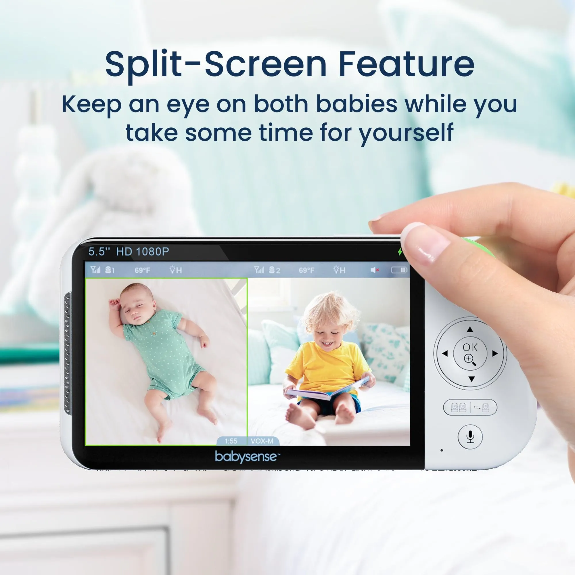 Babysense Maxview Baby Monitor 5.5 Inch 1080p Full HD, White Noise, Split-Screen Cameras