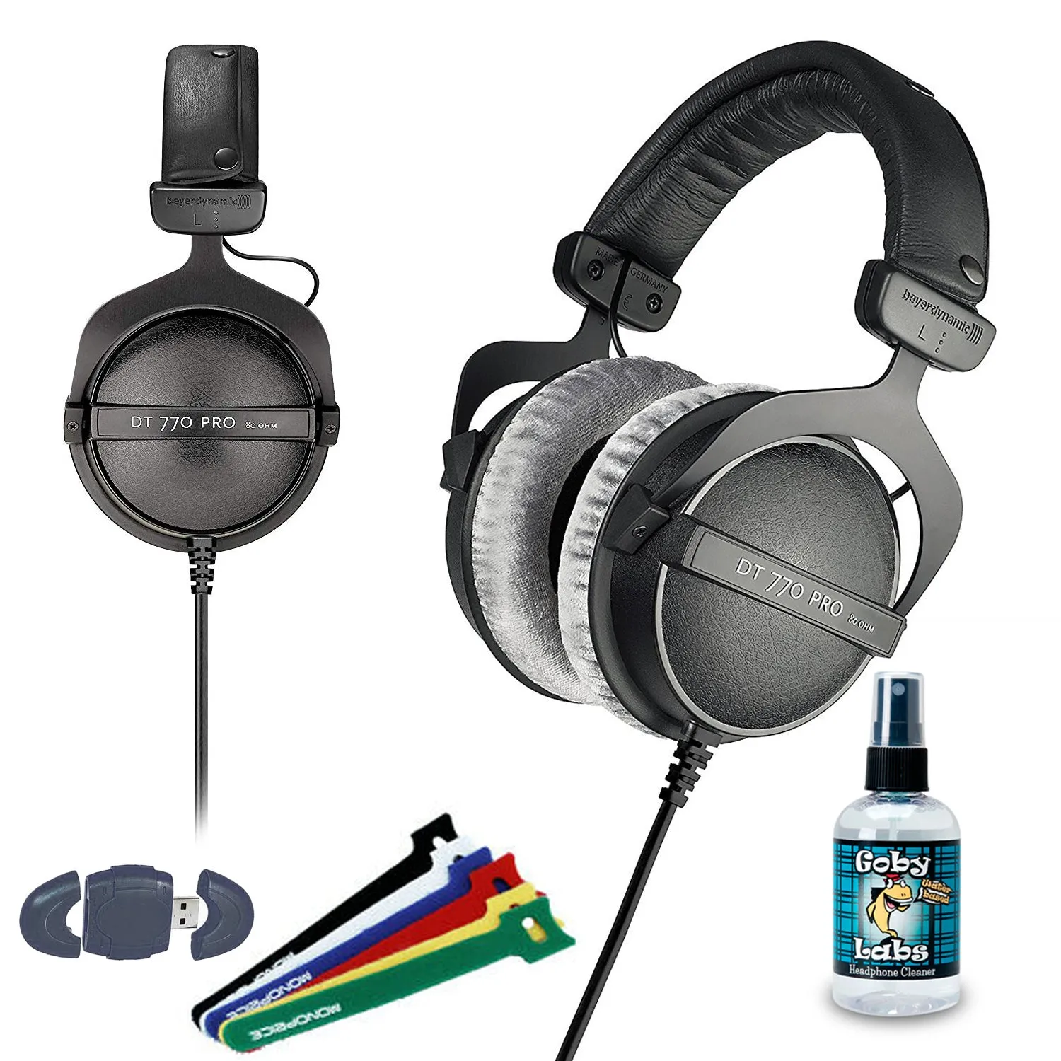 Beyerdynamic DT 770 PRO 80 Ohm Studio Headphone - Wire Straps - USB Card Reader - Headphone Cleaner 4oz Base Bundle