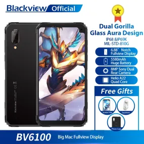 Blackview BV6100 Dual Gorilla 6.88" Screen Smartphone 3GB 16GB Android 9.0 IP68 Waterproof Cellphone 5580mAh NFC Mobile Phone