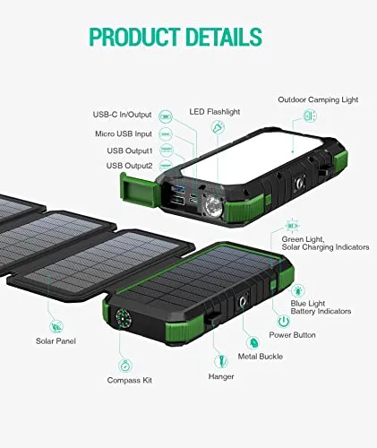 BLAVOR Solar Charger Power Bank, PD 18W Fast Charging 20000mAh Battery Pack with 4 Foldable Panels, Portable Solar Powered USB C Charger with Camping Flashlight Compass Carabiner for Cell Phone