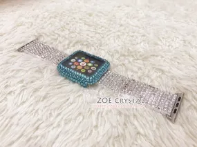 Bling Apple Watch Lake Blue Crystal Case / Protector / Cover with a Silver Swarovski Rhinestone iWatch Band / Strap