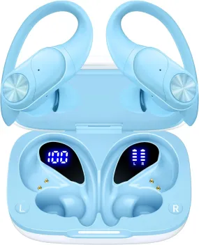 Bluetooth Headphones Wireless Earbuds 80Hrs Playtime Wireless Charging Case Digital Display Sports Ear Buds with Earhook Deep Bass IPX7 Waterproof Over-Ear Earphones for TV Phone Laptop Blue