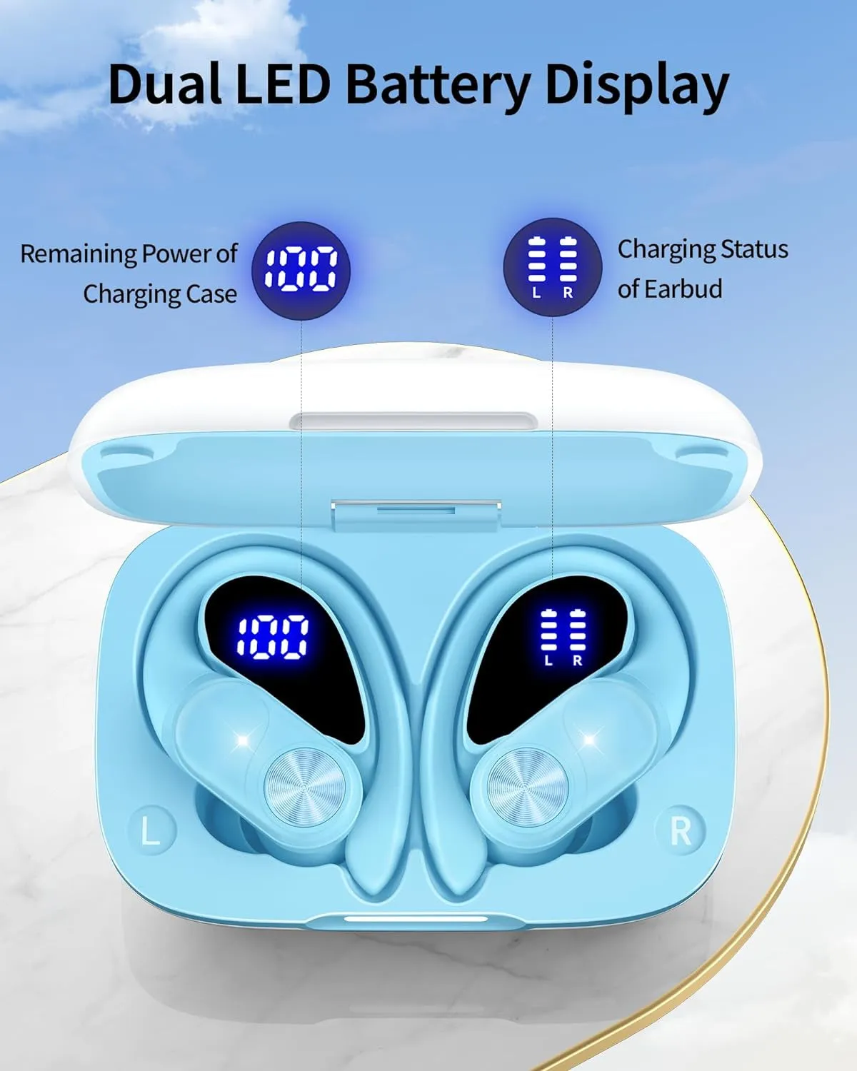 Bluetooth Headphones Wireless Earbuds 80Hrs Playtime Wireless Charging Case Digital Display Sports Ear Buds with Earhook Deep Bass IPX7 Waterproof Over-Ear Earphones for TV Phone Laptop Blue