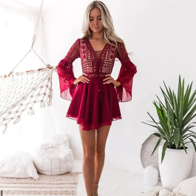 Bohemian Women Summer V-Neck Lace Long Sleeve Hollow Dresses