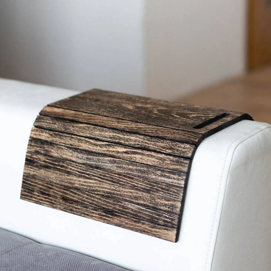 Burned wooden sofa arm tray table with phone holder