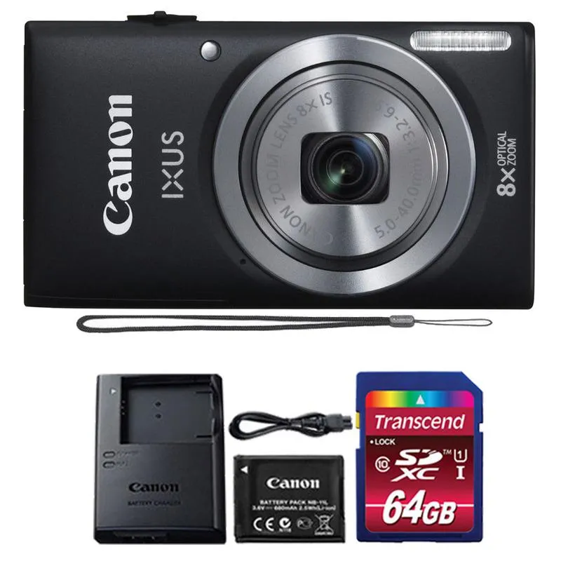 Canon IXUS 185 / ELPH 180 20MP Black Digital Camera   64GB Memory Card