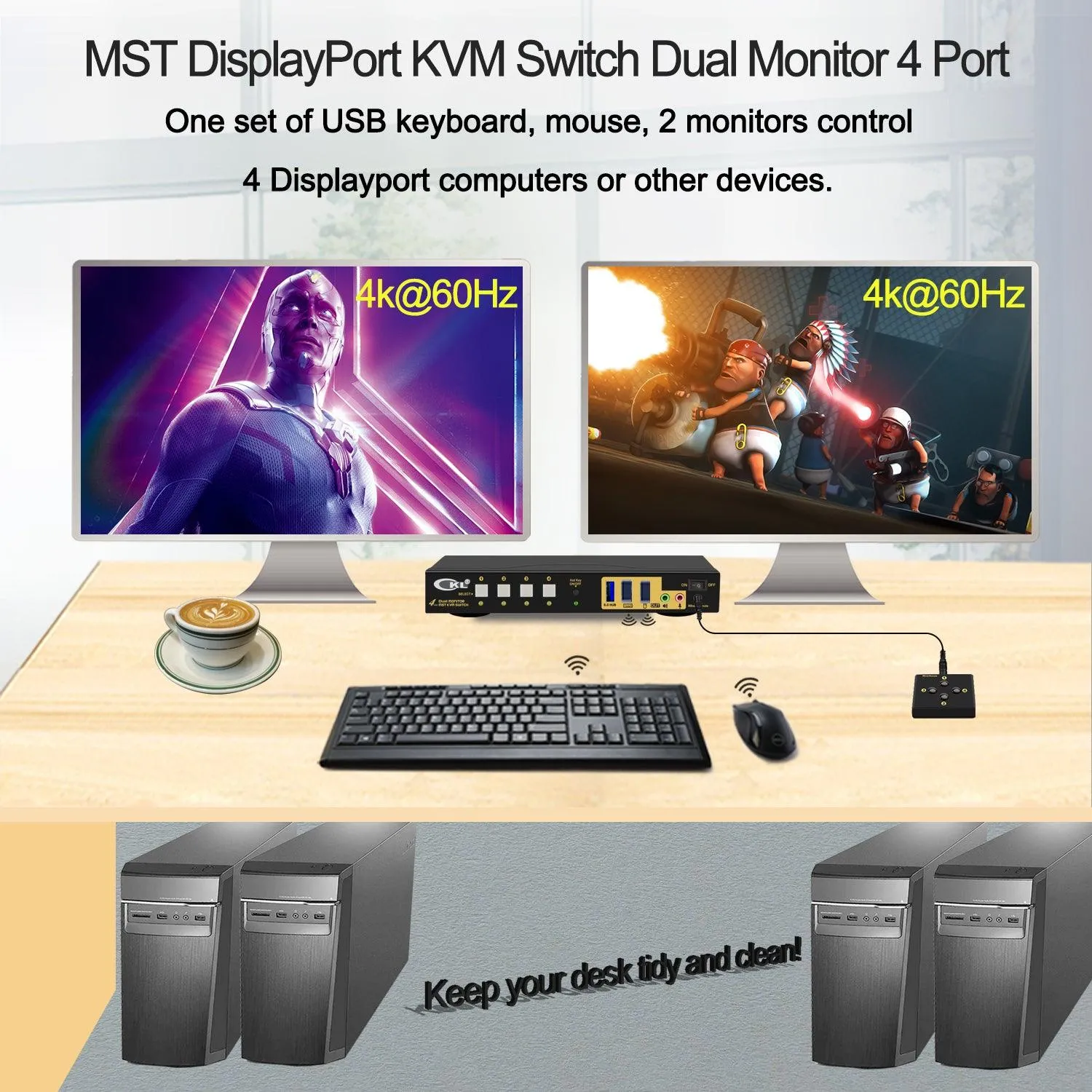 CKL 4 Port KVM Switch Dual Monitor DisplayPort 4K 60Hz for 4 Computers 2 Monitors, 4 DP Input to 2 DP Outputs for Each PC via DP 1.4 MST (642DP-MST)