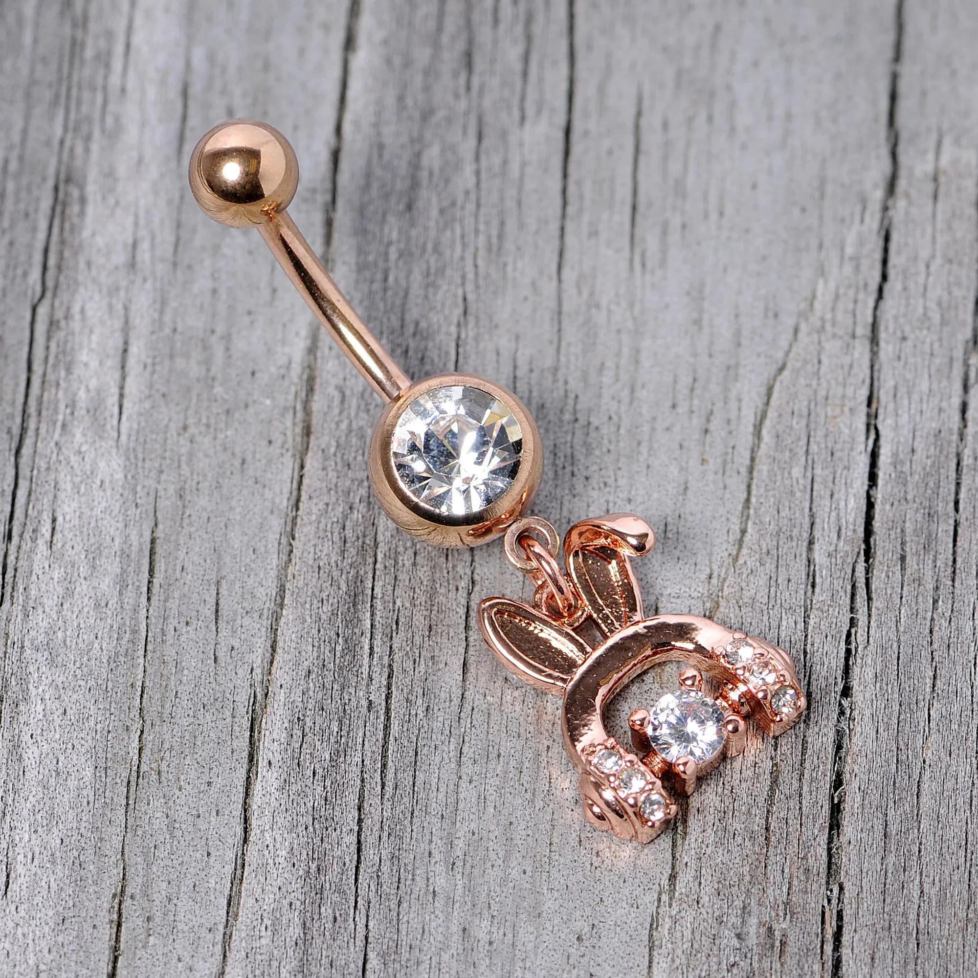 Clear Gem Rose Gold Tone Bunny Ear Headphones Dangle Belly Ring