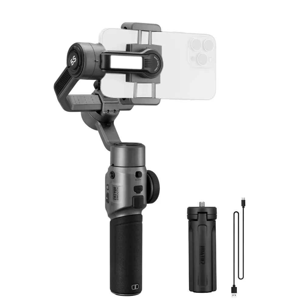 [CLEARANCE] Zhiyun SMOOTH 5S Combo 3-Axis Gimbal Stabilizer with Detachable Tripod, Bluetooth 4.2, Type-C, 2-Hour PD Charging, Quick-Switch Mode and Mobile App Support (White, Gray)