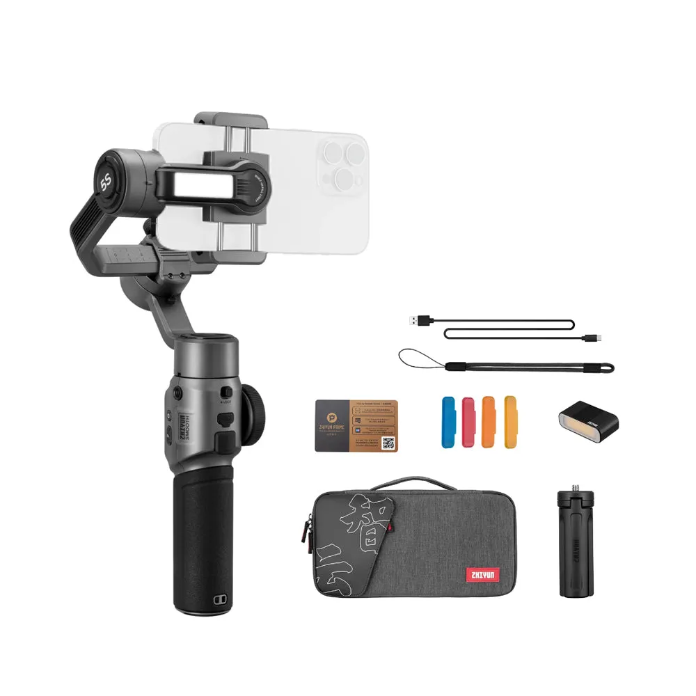 [CLEARANCE] Zhiyun SMOOTH 5S Combo 3-Axis Gimbal Stabilizer with Detachable Tripod, Bluetooth 4.2, Type-C, 2-Hour PD Charging, Quick-Switch Mode and Mobile App Support (White, Gray)