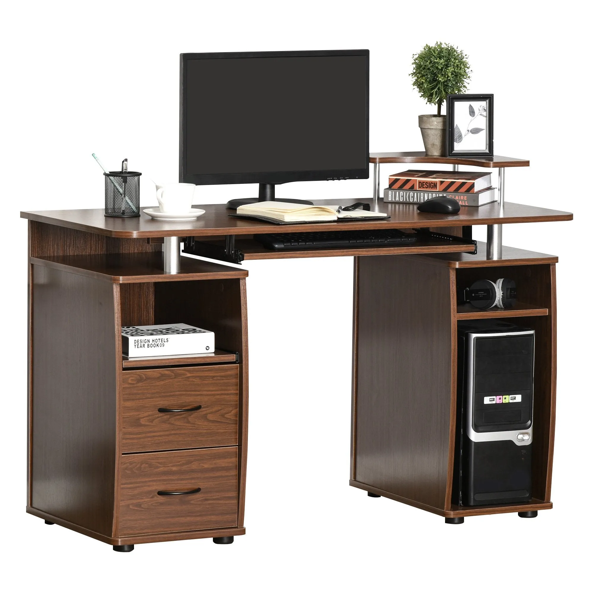 Computer Desk Office PC Table Workstation with  Keyboard Tray, CPU Shelf, Drawers, Sliding Scanner Shelf, Walnut Brown w/ Drawer