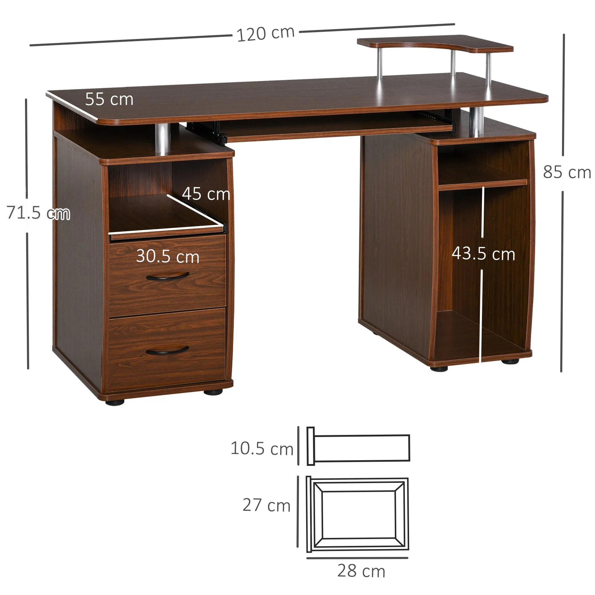 Computer Desk Office PC Table Workstation with  Keyboard Tray, CPU Shelf, Drawers, Sliding Scanner Shelf, Walnut Brown w/ Drawer