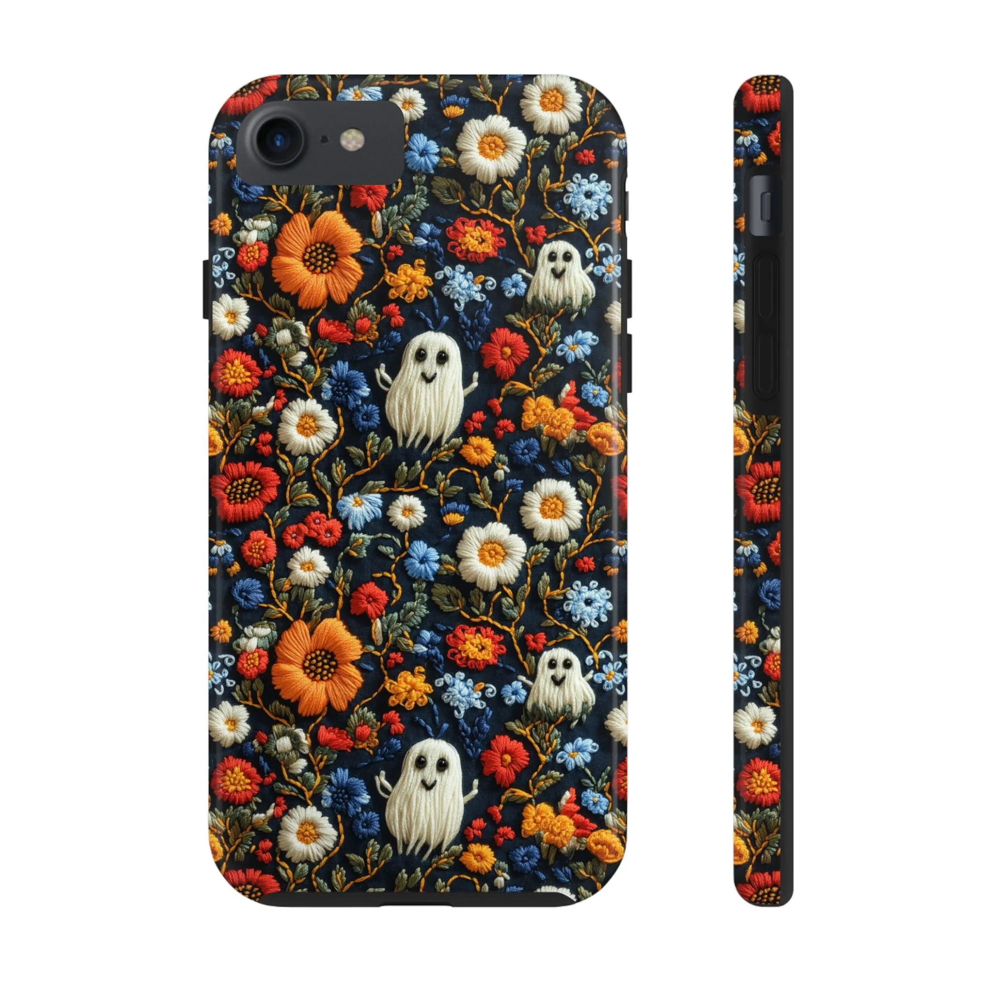 Cute Ghosts Tough Phone Case, Faux Embroidery Floral Halloween iPhone 15 14 13 Pro Max 12 11 8 Plus X XR XS Samsung Galaxy S24 S23 S22 S21