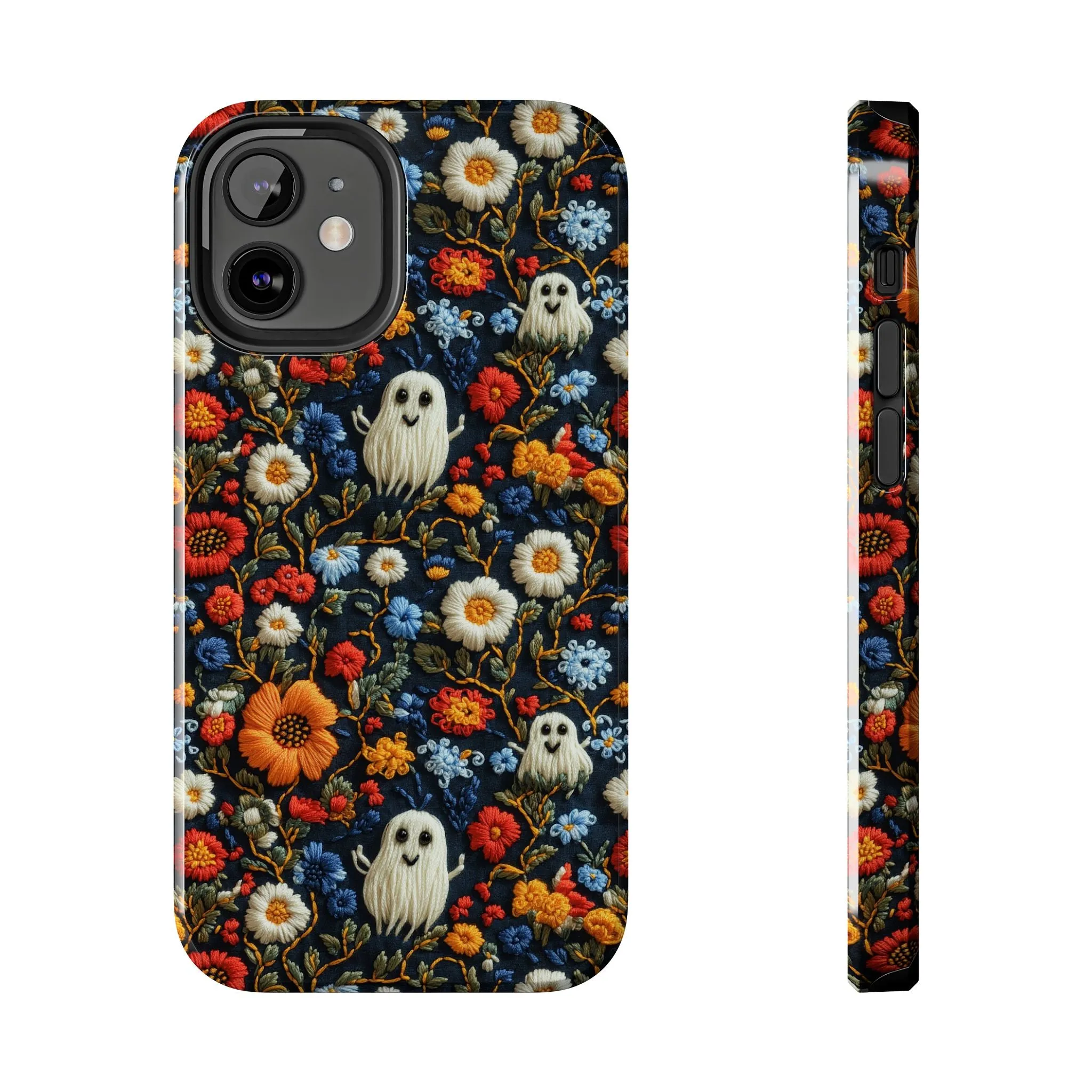 Cute Ghosts Tough Phone Case, Faux Embroidery Floral Halloween iPhone 15 14 13 Pro Max 12 11 8 Plus X XR XS Samsung Galaxy S24 S23 S22 S21