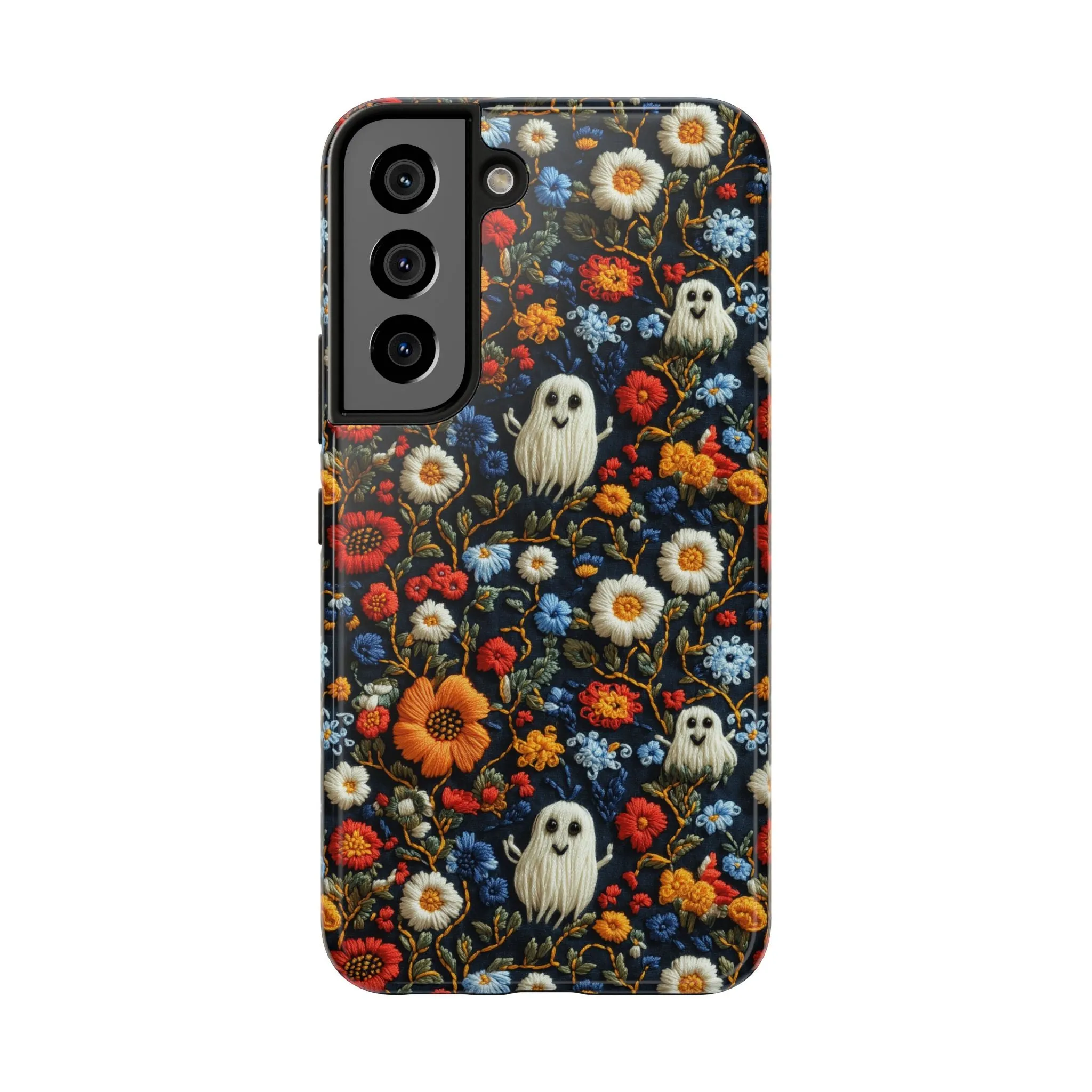 Cute Ghosts Tough Phone Case, Faux Embroidery Floral Halloween iPhone 15 14 13 Pro Max 12 11 8 Plus X XR XS Samsung Galaxy S24 S23 S22 S21