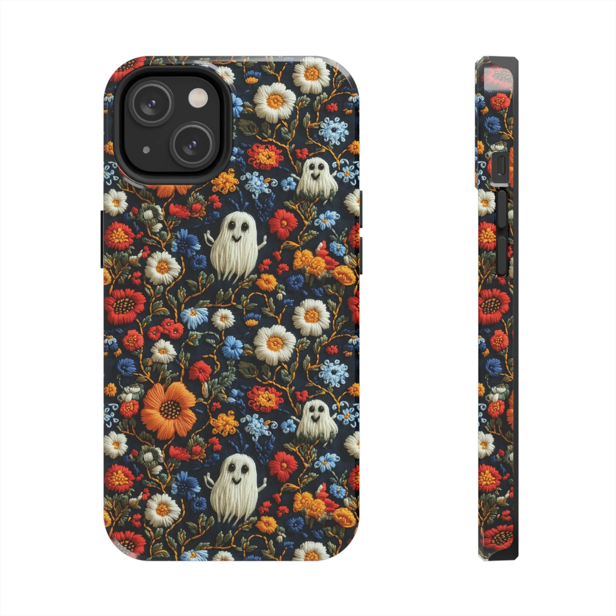 Cute Ghosts Tough Phone Case, Faux Embroidery Floral Halloween iPhone 15 14 13 Pro Max 12 11 8 Plus X XR XS Samsung Galaxy S24 S23 S22 S21