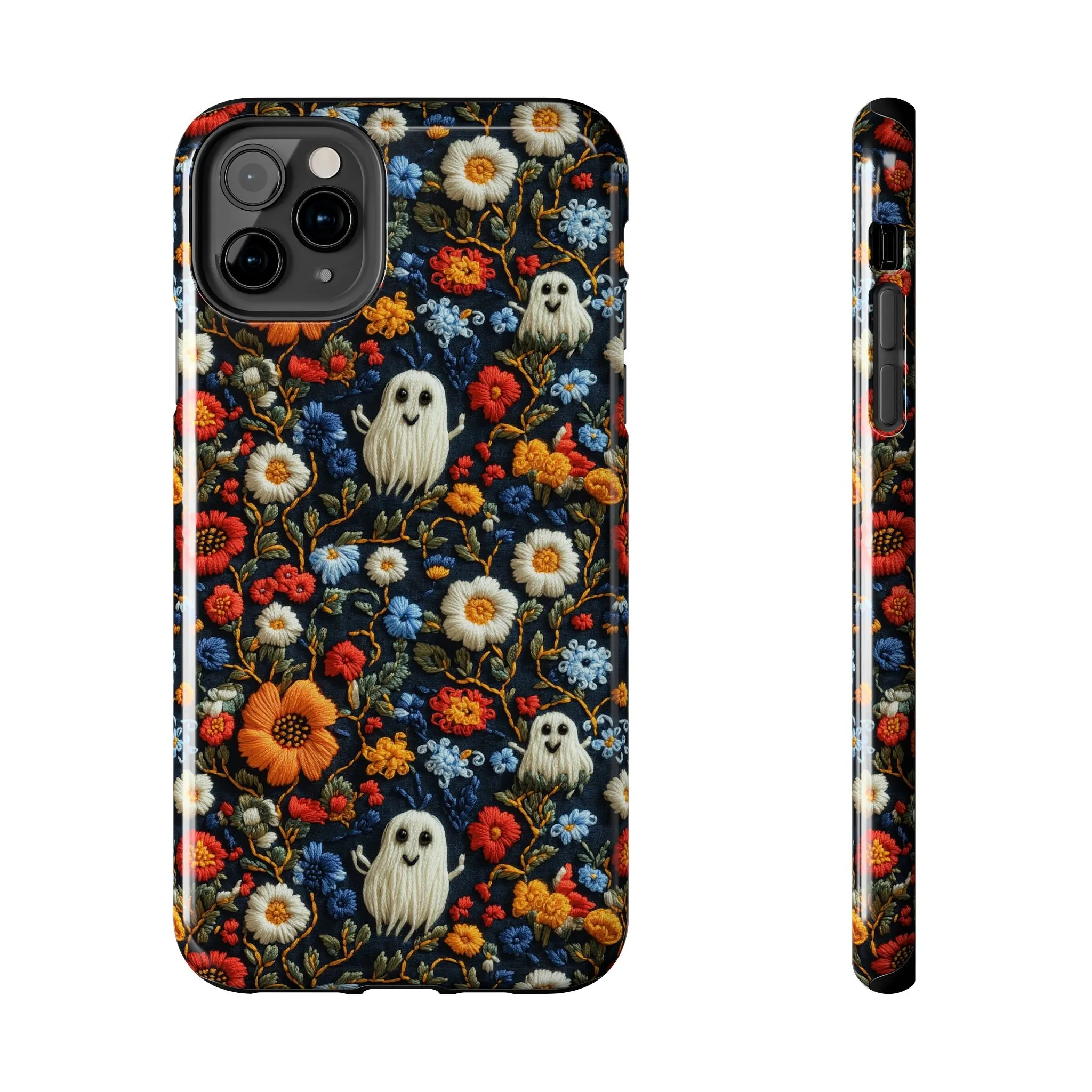 Cute Ghosts Tough Phone Case, Faux Embroidery Floral Halloween iPhone 15 14 13 Pro Max 12 11 8 Plus X XR XS Samsung Galaxy S24 S23 S22 S21