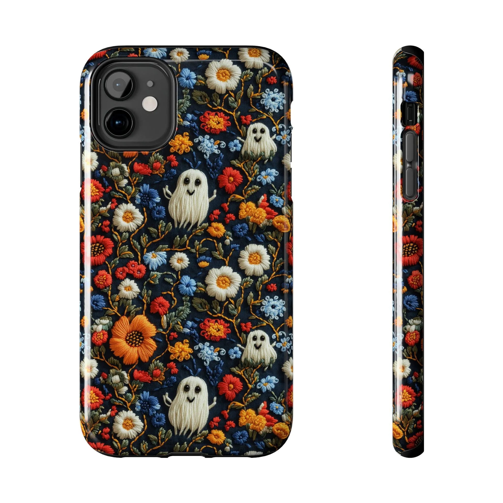 Cute Ghosts Tough Phone Case, Faux Embroidery Floral Halloween iPhone 15 14 13 Pro Max 12 11 8 Plus X XR XS Samsung Galaxy S24 S23 S22 S21