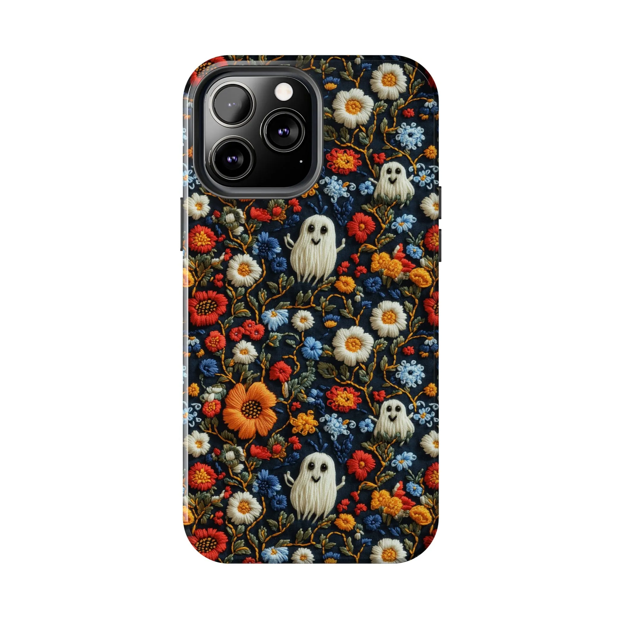 Cute Ghosts Tough Phone Case, Faux Embroidery Floral Halloween iPhone 15 14 13 Pro Max 12 11 8 Plus X XR XS Samsung Galaxy S24 S23 S22 S21