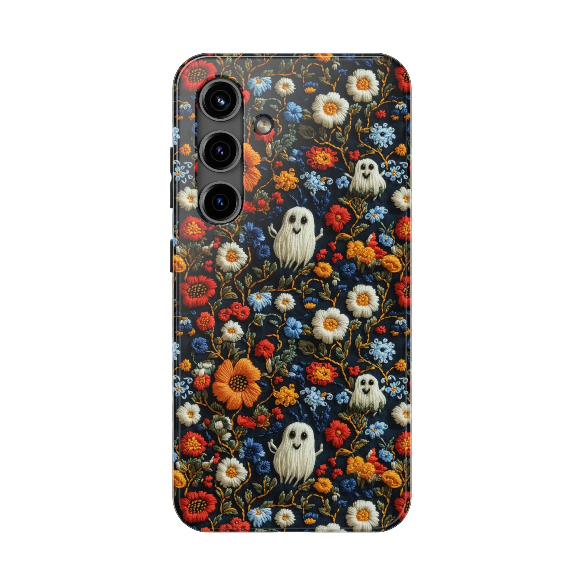 Cute Ghosts Tough Phone Case, Faux Embroidery Floral Halloween iPhone 15 14 13 Pro Max 12 11 8 Plus X XR XS Samsung Galaxy S24 S23 S22 S21