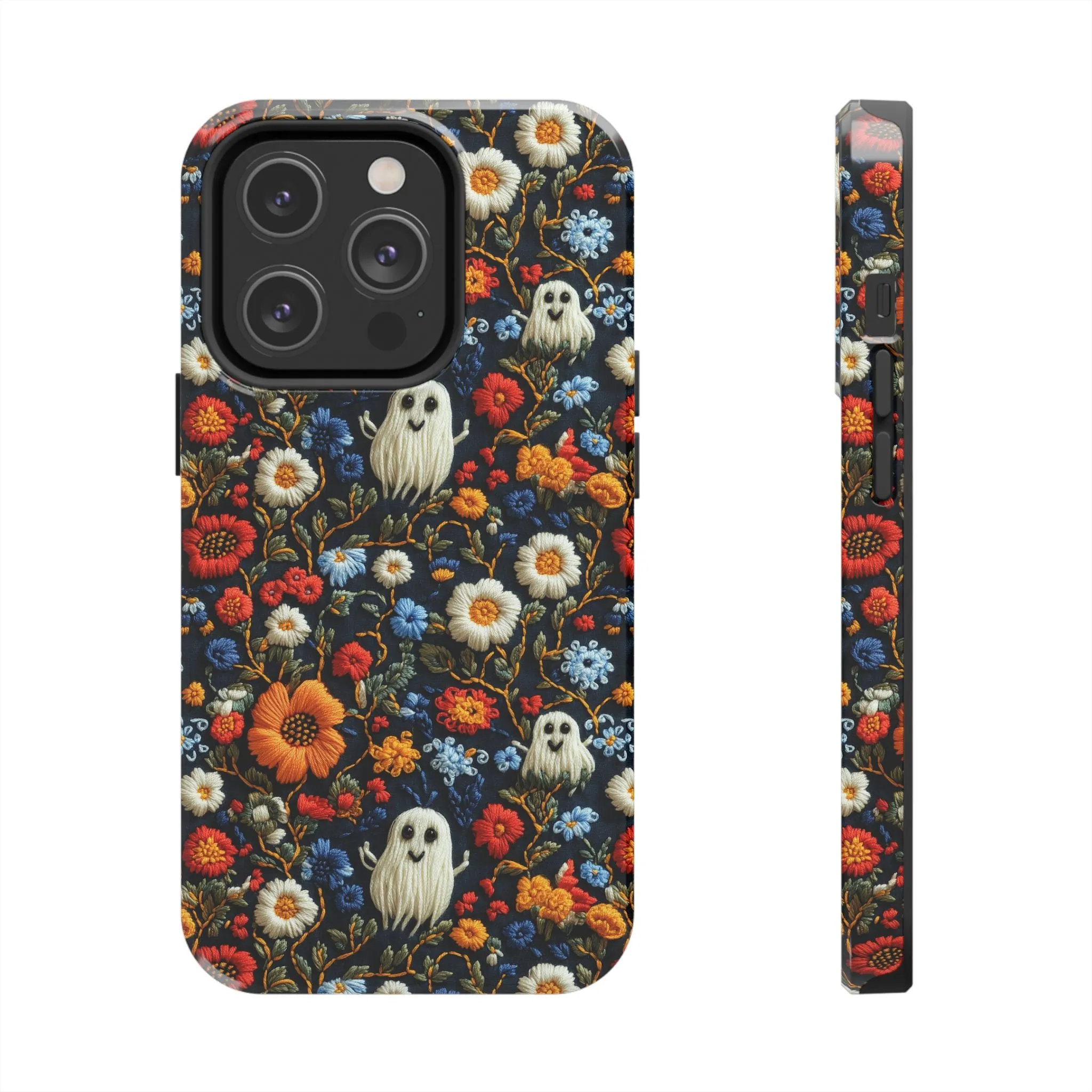 Cute Ghosts Tough Phone Case, Faux Embroidery Floral Halloween iPhone 15 14 13 Pro Max 12 11 8 Plus X XR XS Samsung Galaxy S24 S23 S22 S21