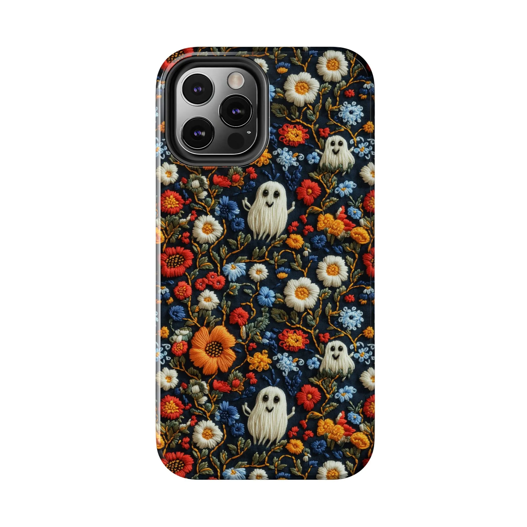 Cute Ghosts Tough Phone Case, Faux Embroidery Floral Halloween iPhone 15 14 13 Pro Max 12 11 8 Plus X XR XS Samsung Galaxy S24 S23 S22 S21