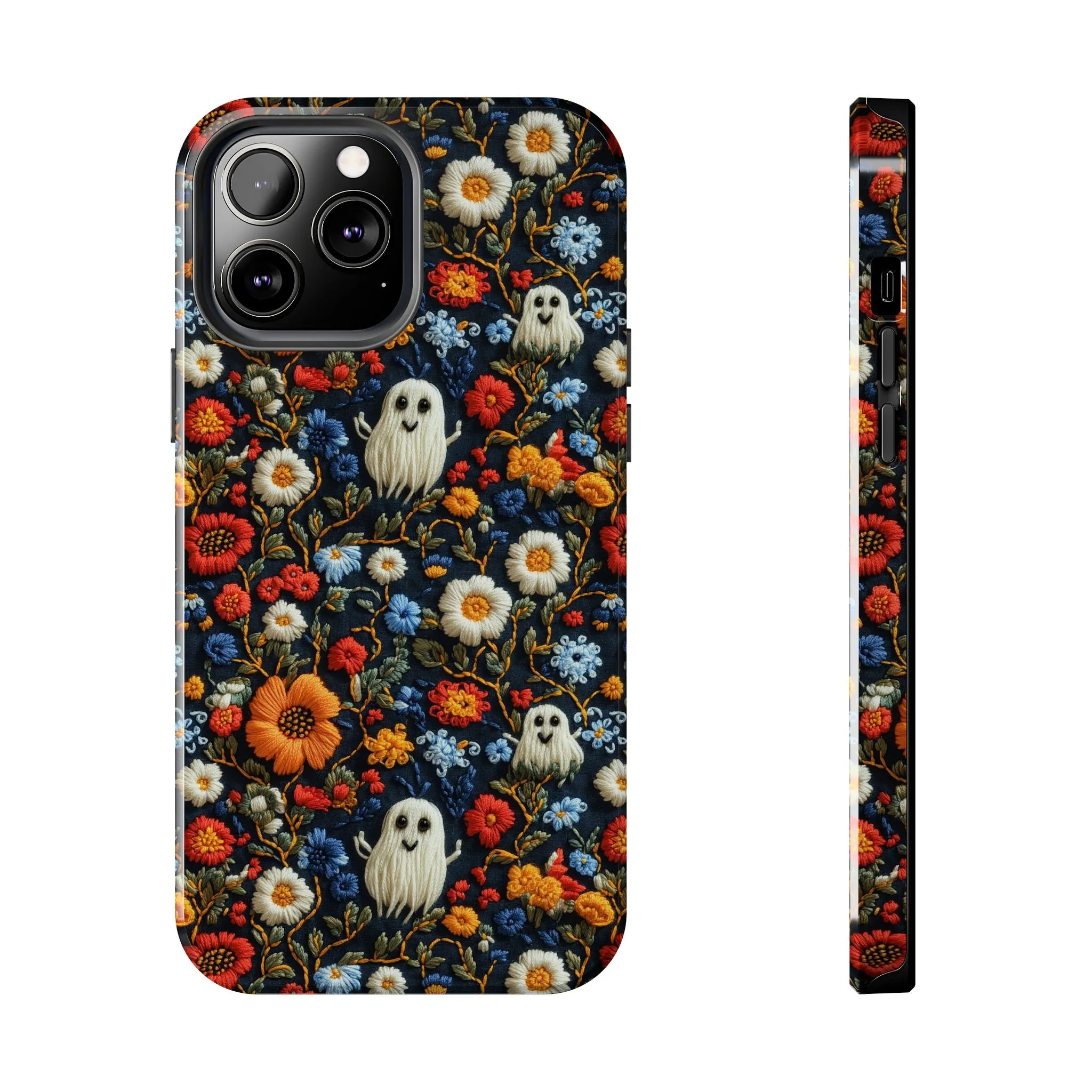 Cute Ghosts Tough Phone Case, Faux Embroidery Floral Halloween iPhone 15 14 13 Pro Max 12 11 8 Plus X XR XS Samsung Galaxy S24 S23 S22 S21