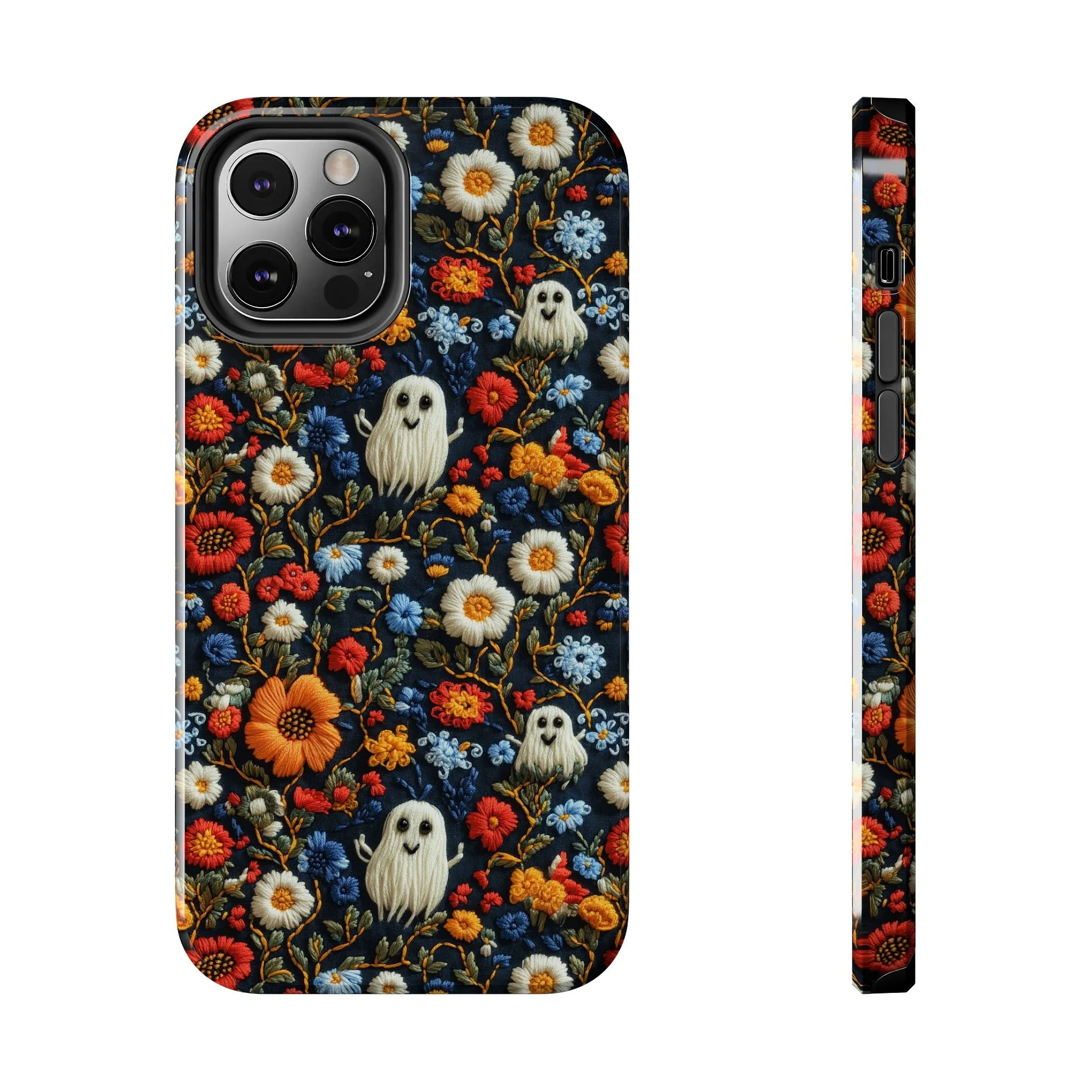 Cute Ghosts Tough Phone Case, Faux Embroidery Floral Halloween iPhone 15 14 13 Pro Max 12 11 8 Plus X XR XS Samsung Galaxy S24 S23 S22 S21