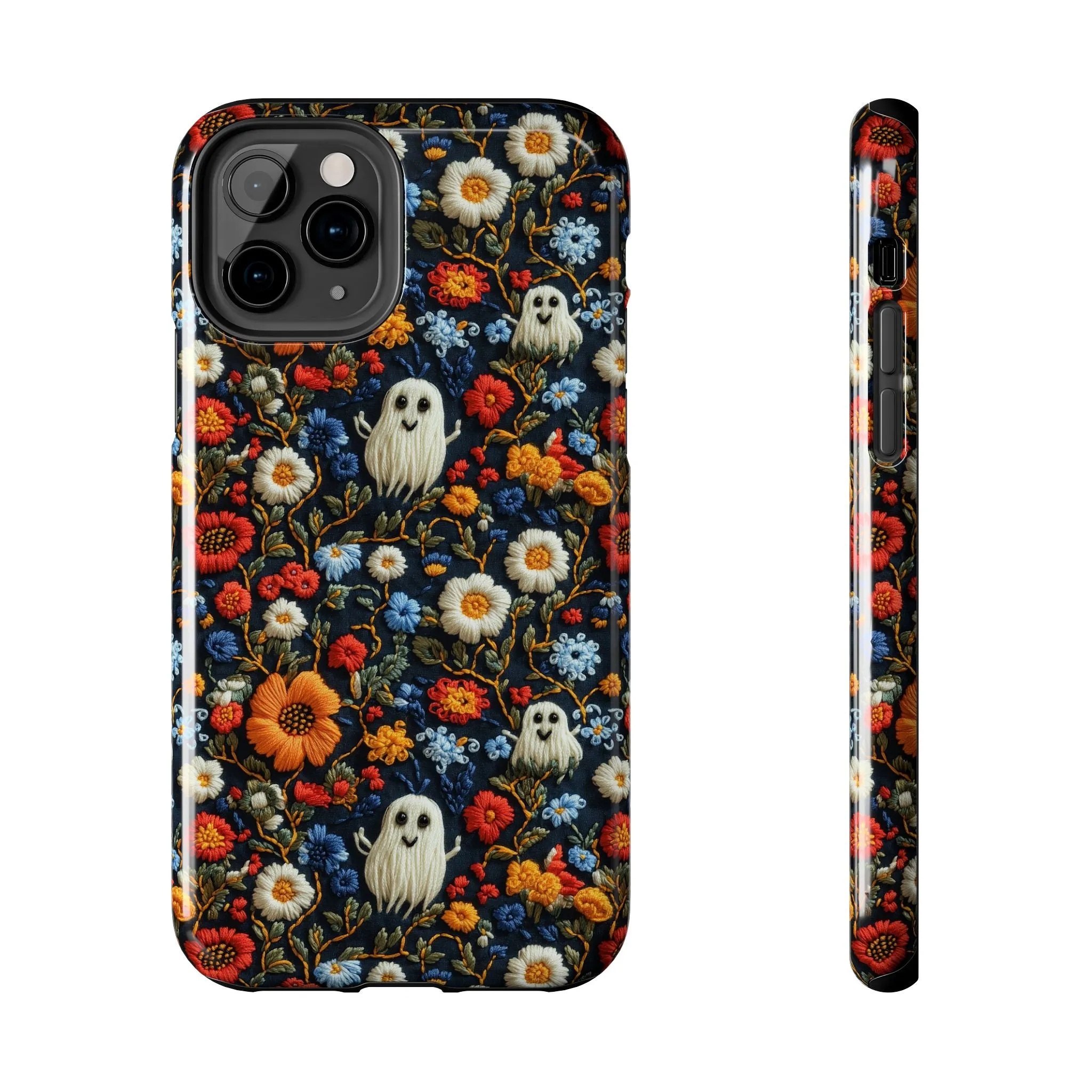 Cute Ghosts Tough Phone Case, Faux Embroidery Floral Halloween iPhone 15 14 13 Pro Max 12 11 8 Plus X XR XS Samsung Galaxy S24 S23 S22 S21