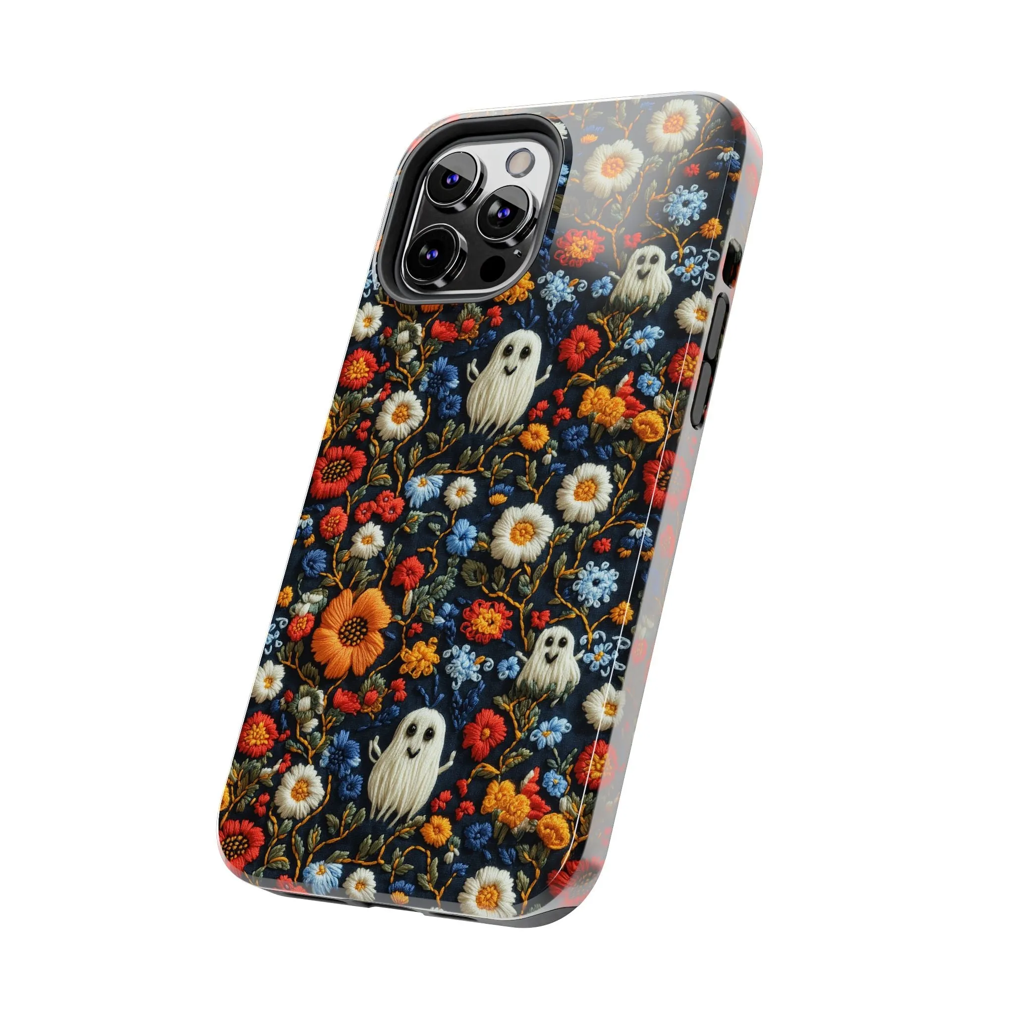 Cute Ghosts Tough Phone Case, Faux Embroidery Floral Halloween iPhone 15 14 13 Pro Max 12 11 8 Plus X XR XS Samsung Galaxy S24 S23 S22 S21