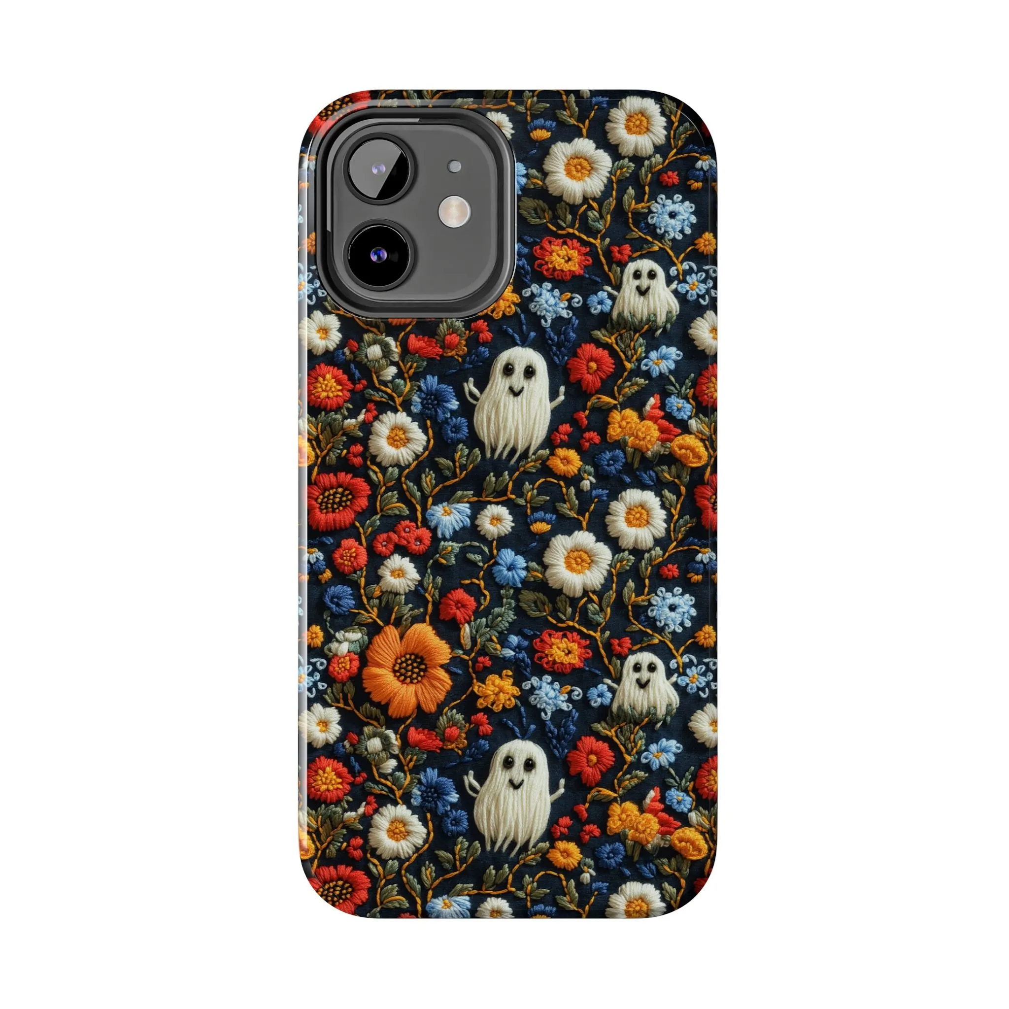 Cute Ghosts Tough Phone Case, Faux Embroidery Floral Halloween iPhone 15 14 13 Pro Max 12 11 8 Plus X XR XS Samsung Galaxy S24 S23 S22 S21