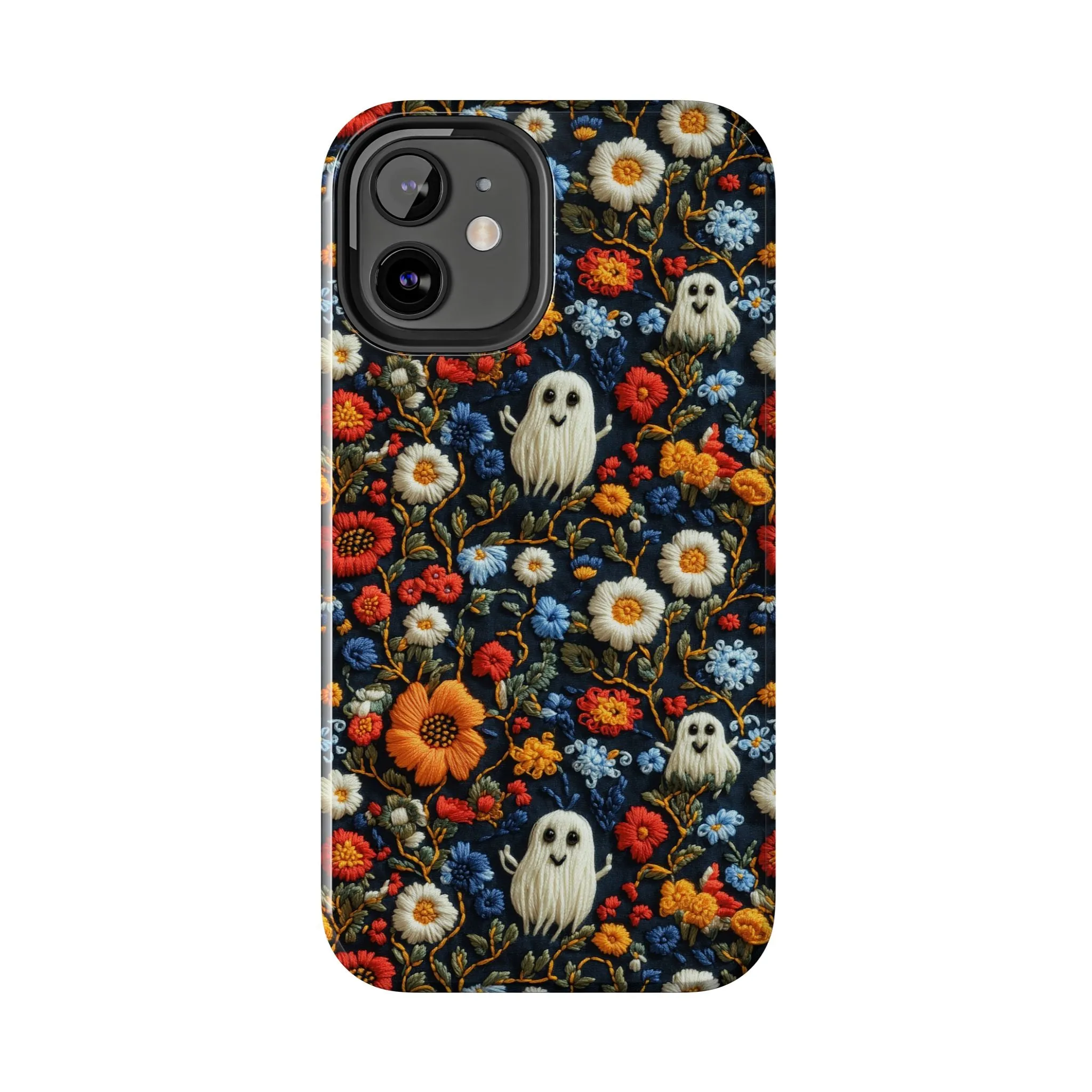 Cute Ghosts Tough Phone Case, Faux Embroidery Floral Halloween iPhone 15 14 13 Pro Max 12 11 8 Plus X XR XS Samsung Galaxy S24 S23 S22 S21