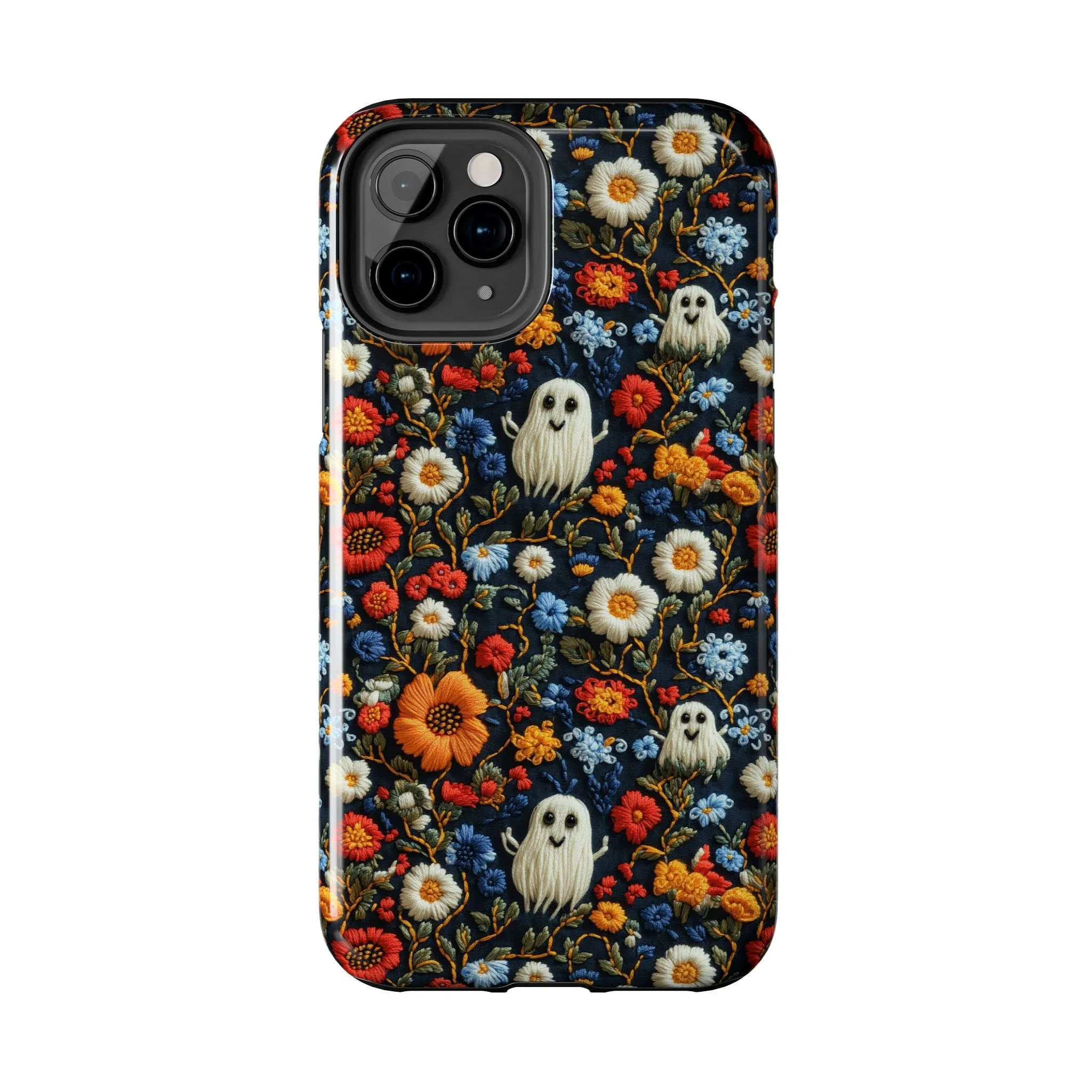 Cute Ghosts Tough Phone Case, Faux Embroidery Floral Halloween iPhone 15 14 13 Pro Max 12 11 8 Plus X XR XS Samsung Galaxy S24 S23 S22 S21