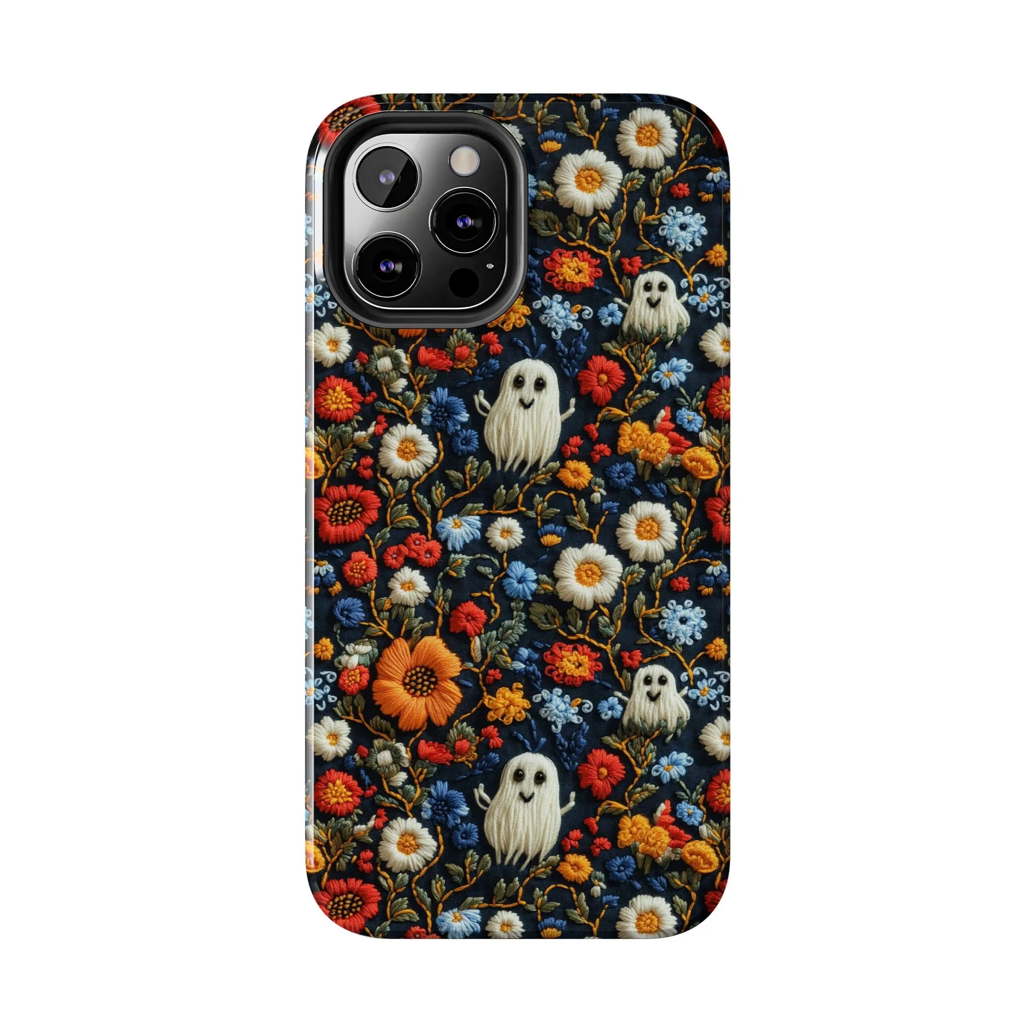 Cute Ghosts Tough Phone Case, Faux Embroidery Floral Halloween iPhone 15 14 13 Pro Max 12 11 8 Plus X XR XS Samsung Galaxy S24 S23 S22 S21