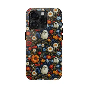 Cute Ghosts Tough Phone Case, Faux Embroidery Floral Halloween iPhone 15 14 13 Pro Max 12 11 8 Plus X XR XS Samsung Galaxy S24 S23 S22 S21