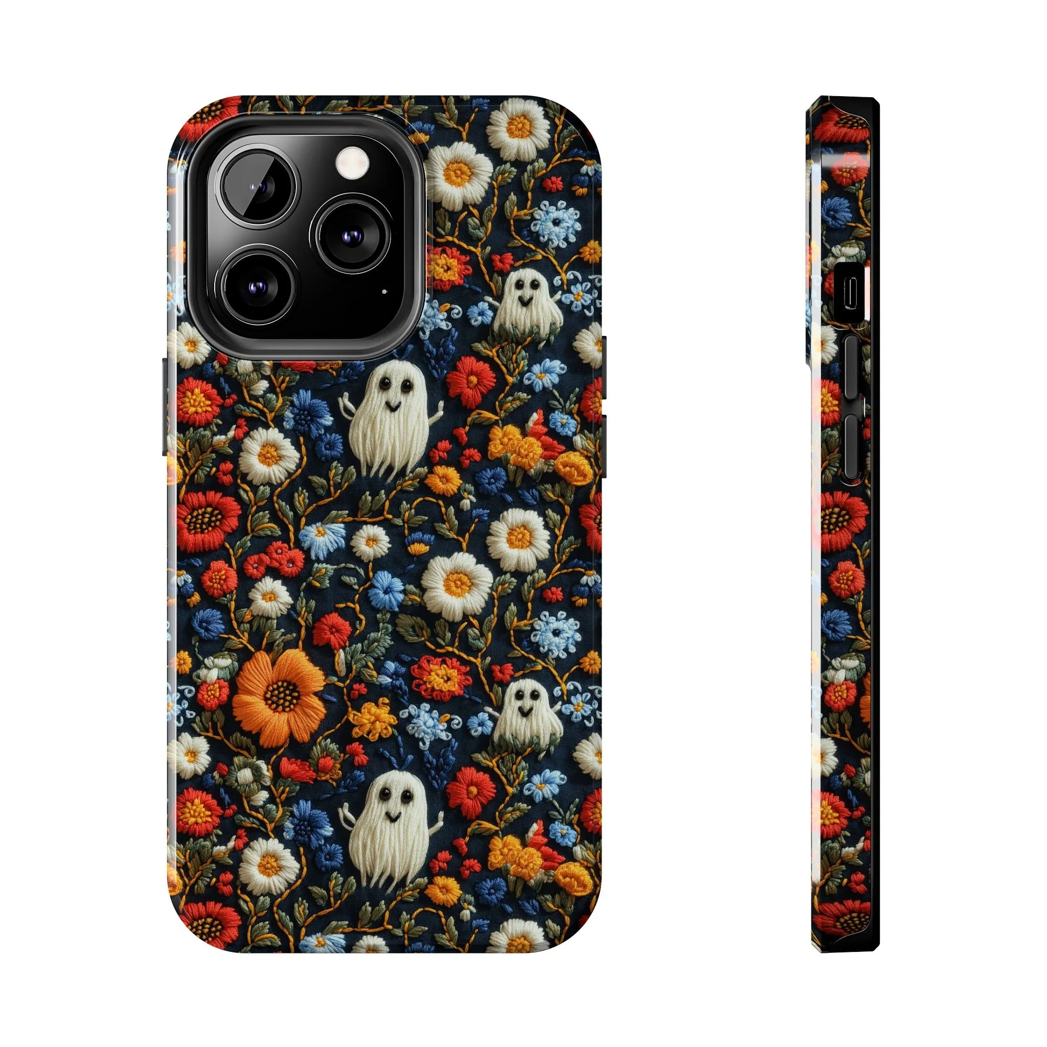 Cute Ghosts Tough Phone Case, Faux Embroidery Floral Halloween iPhone 15 14 13 Pro Max 12 11 8 Plus X XR XS Samsung Galaxy S24 S23 S22 S21