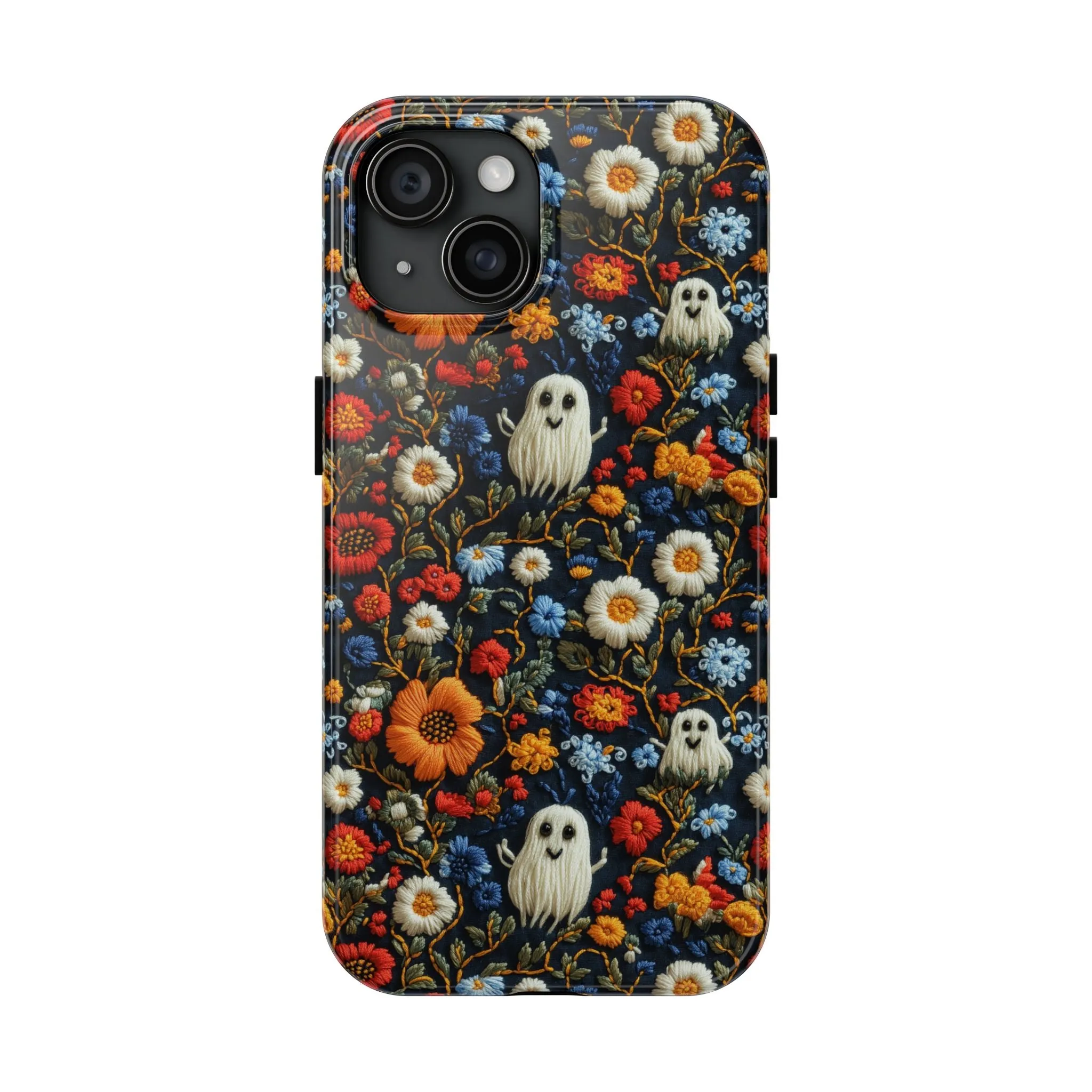 Cute Ghosts Tough Phone Case, Faux Embroidery Floral Halloween iPhone 15 14 13 Pro Max 12 11 8 Plus X XR XS Samsung Galaxy S24 S23 S22 S21