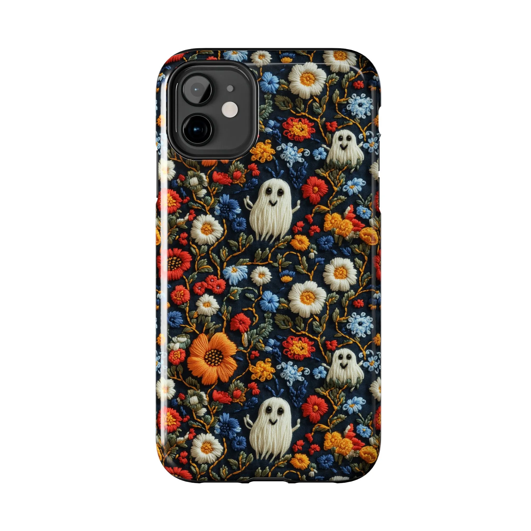 Cute Ghosts Tough Phone Case, Faux Embroidery Floral Halloween iPhone 15 14 13 Pro Max 12 11 8 Plus X XR XS Samsung Galaxy S24 S23 S22 S21