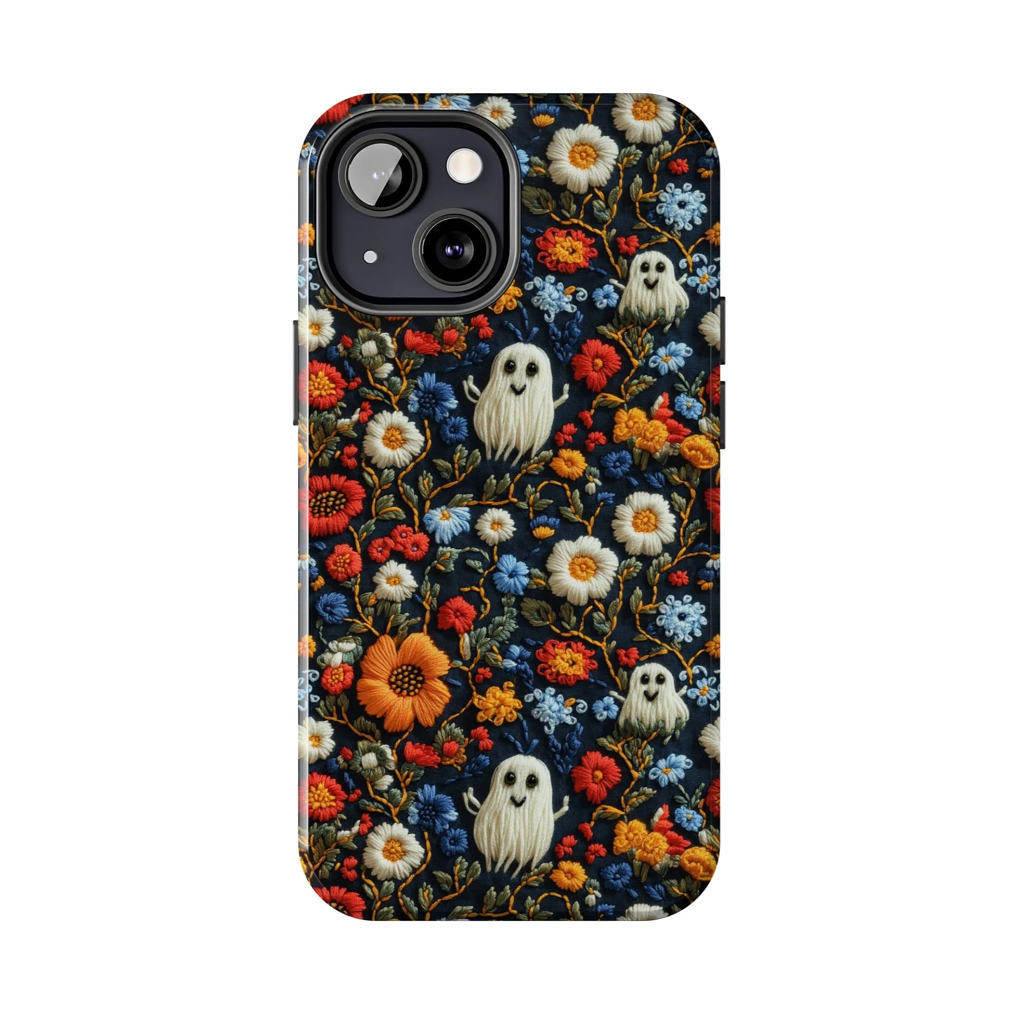 Cute Ghosts Tough Phone Case, Faux Embroidery Floral Halloween iPhone 15 14 13 Pro Max 12 11 8 Plus X XR XS Samsung Galaxy S24 S23 S22 S21