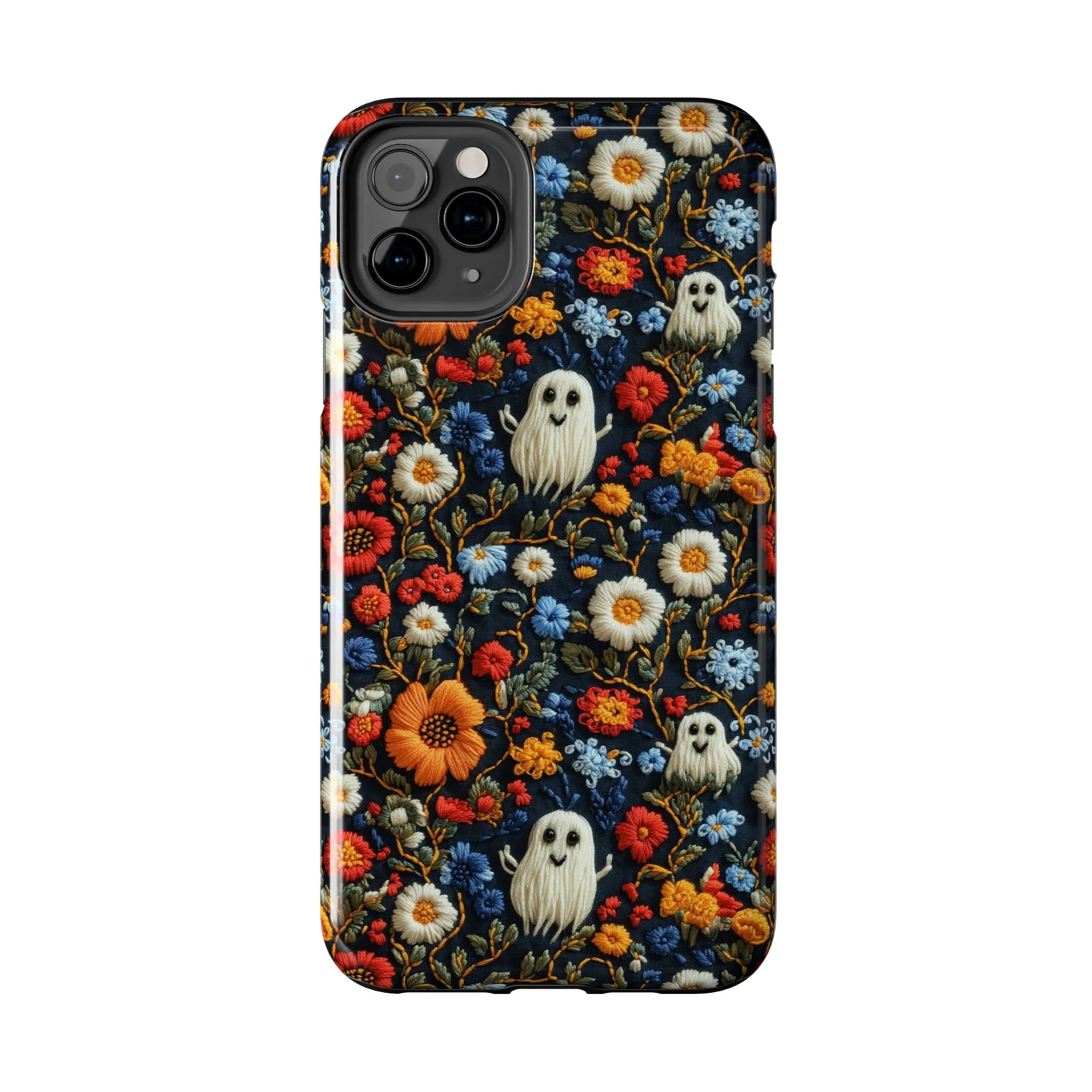 Cute Ghosts Tough Phone Case, Faux Embroidery Floral Halloween iPhone 15 14 13 Pro Max 12 11 8 Plus X XR XS Samsung Galaxy S24 S23 S22 S21