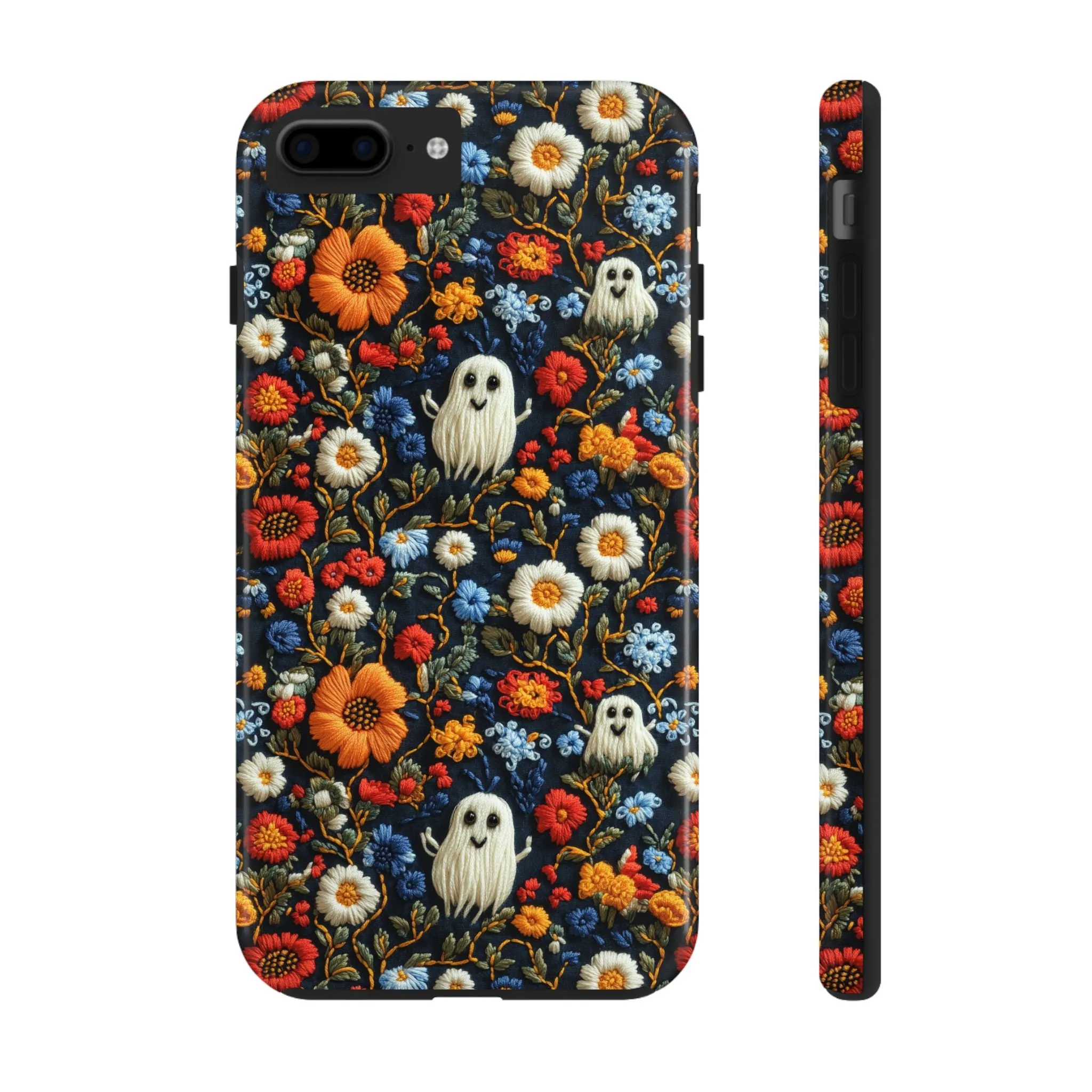 Cute Ghosts Tough Phone Case, Faux Embroidery Floral Halloween iPhone 15 14 13 Pro Max 12 11 8 Plus X XR XS Samsung Galaxy S24 S23 S22 S21