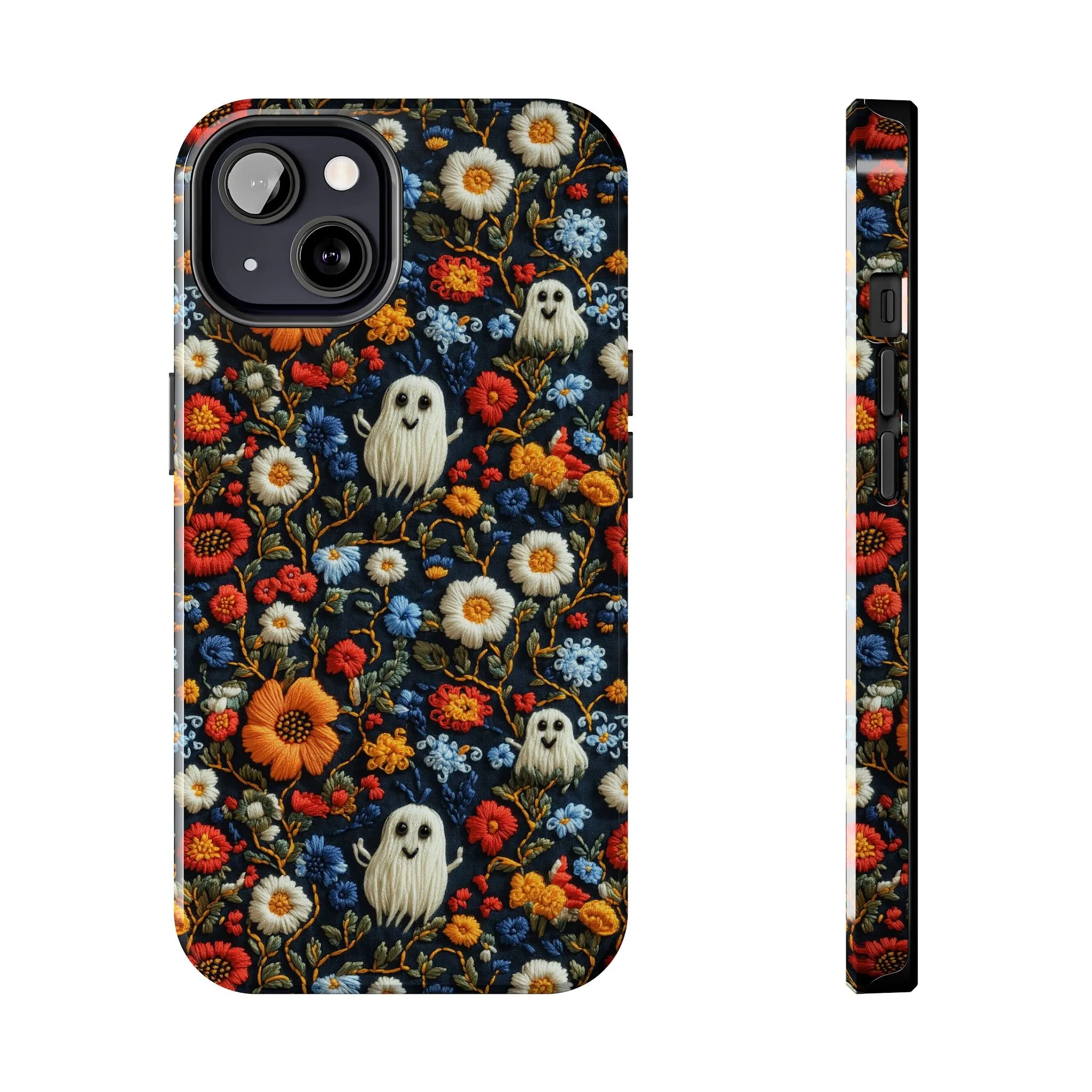 Cute Ghosts Tough Phone Case, Faux Embroidery Floral Halloween iPhone 15 14 13 Pro Max 12 11 8 Plus X XR XS Samsung Galaxy S24 S23 S22 S21