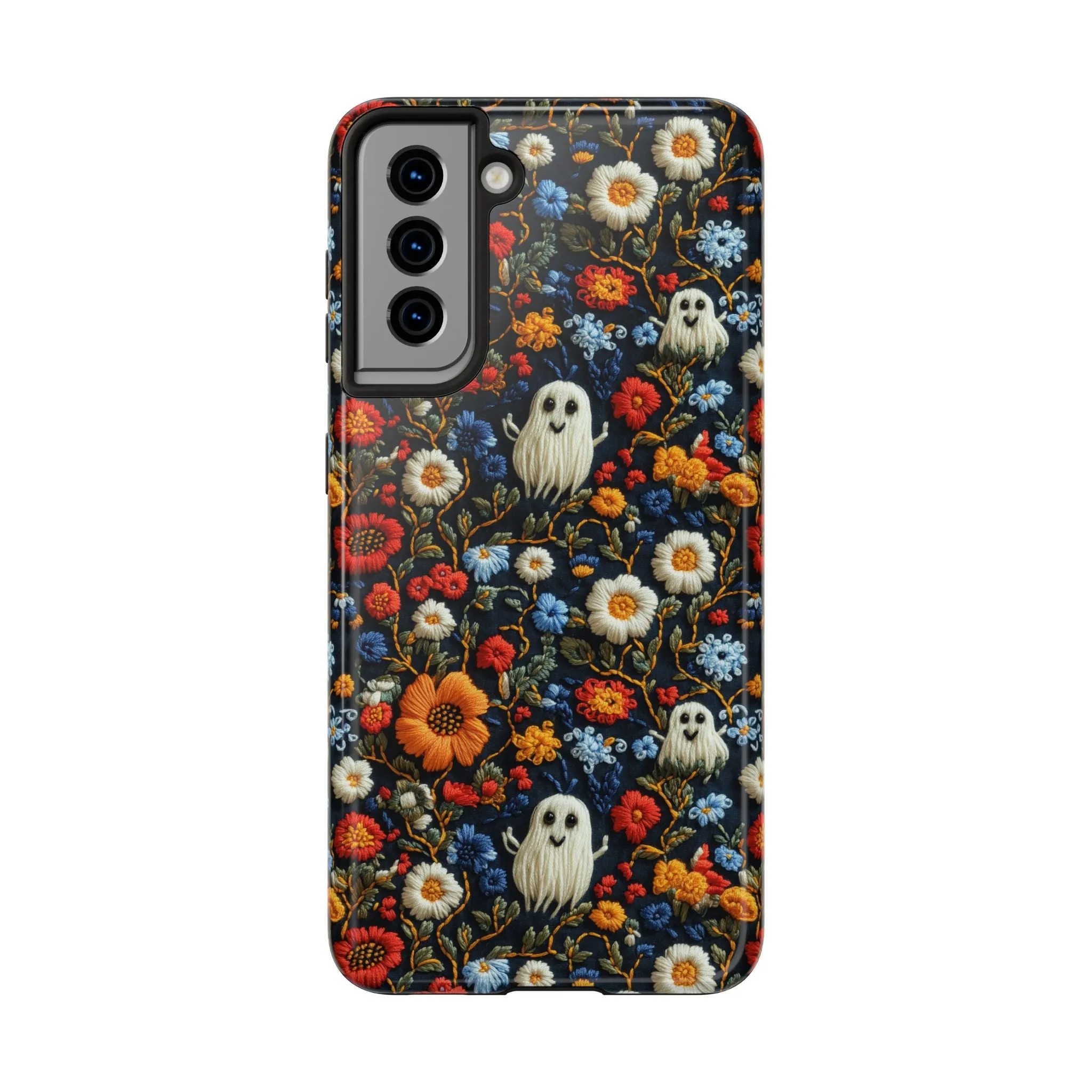 Cute Ghosts Tough Phone Case, Faux Embroidery Floral Halloween iPhone 15 14 13 Pro Max 12 11 8 Plus X XR XS Samsung Galaxy S24 S23 S22 S21