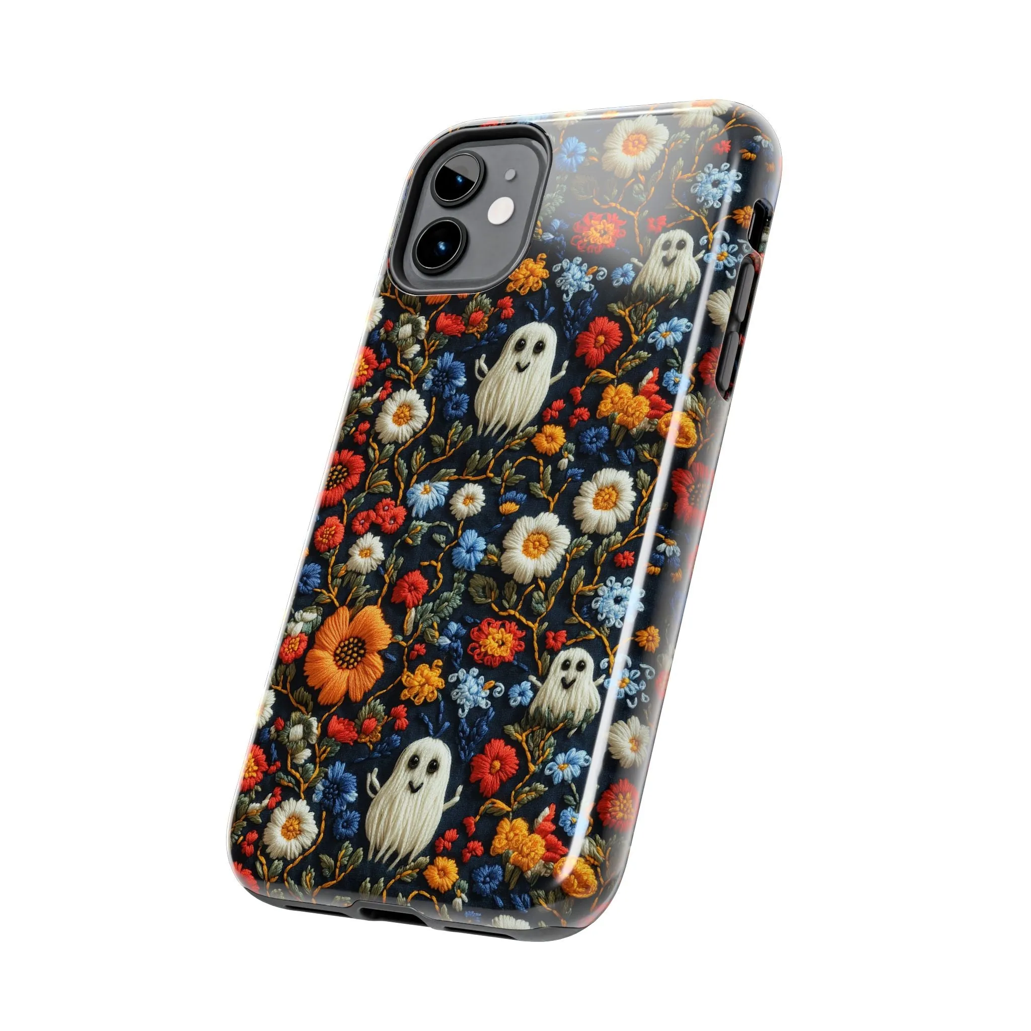 Cute Ghosts Tough Phone Case, Faux Embroidery Floral Halloween iPhone 15 14 13 Pro Max 12 11 8 Plus X XR XS Samsung Galaxy S24 S23 S22 S21