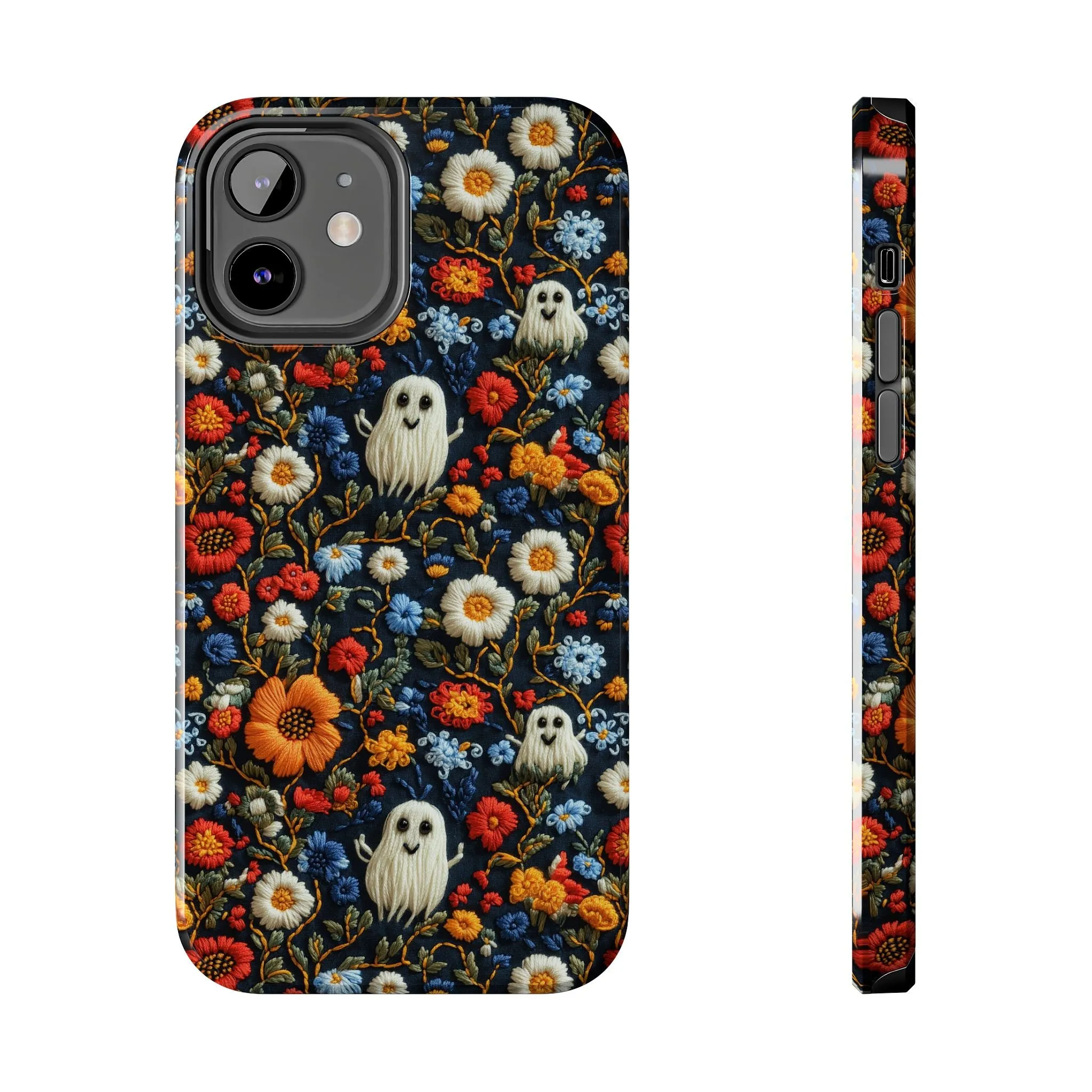 Cute Ghosts Tough Phone Case, Faux Embroidery Floral Halloween iPhone 15 14 13 Pro Max 12 11 8 Plus X XR XS Samsung Galaxy S24 S23 S22 S21