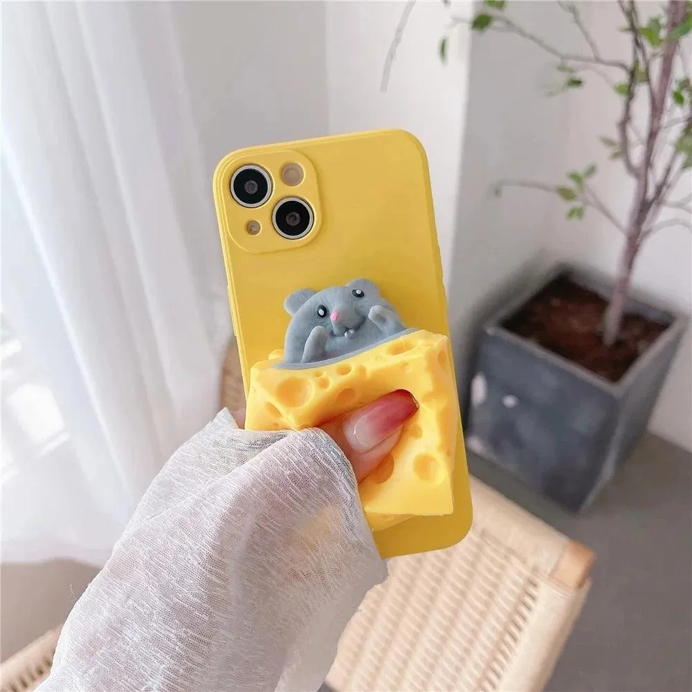 Cute Mouse Cheese Pinch Relieve Stress Soft Silicone Phone Case For iPhone